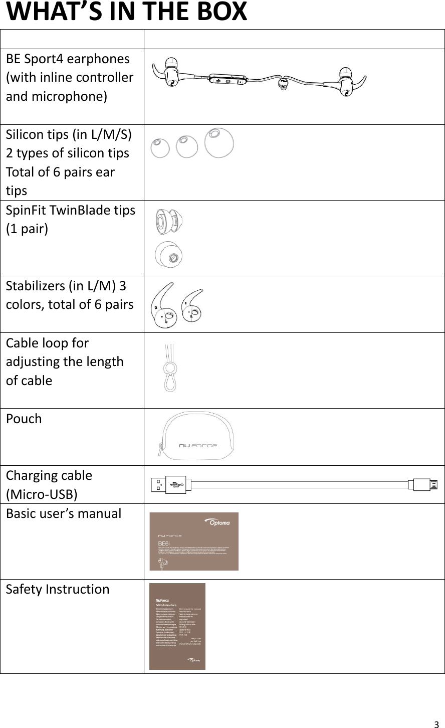 Page 3 of Optoma APBESPORTH Bluetooth earphones User Manual 