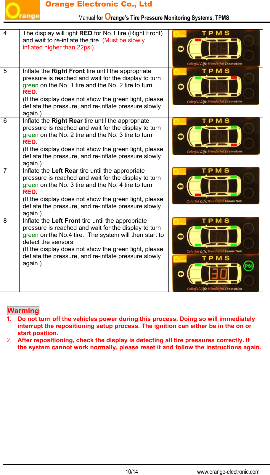                           Manual for Orange’s Tire Pressure Monitoring Systems, TPMS   10/14                                          www.orange-electronic.com Orange Electronic Co., Ltd 4  The display will light RED for No.1 tire (Right Front) and wait to re-inflate the tire. (Must be slowly inflated higher than 22psi). 5 Inflate the Right Front tire until the appropriate pressure is reached and wait for the display to turn green on the No. 1 tire and the No. 2 tire to turn RED.  (If the display does not show the green light, please deflate the pressure, and re-inflate pressure slowly again.) 6 Inflate the Right Rear tire until the appropriate pressure is reached and wait for the display to turn green on the No. 2 tire and the No. 3 tire to turn RED. (If the display does not show the green light, please deflate the pressure, and re-inflate pressure slowly again.) 7 Inflate the Left Rear tire until the appropriate pressure is reached and wait for the display to turn green on the No. 3 tire and the No. 4 tire to turn RED. (If the display does not show the green light, please deflate the pressure, and re-inflate pressure slowly again.) 8 Inflate the Left Front tire until the appropriate pressure is reached and wait for the display to turn green on the No.4 tire.  The system will then start to detect the sensors. (If the display does not show the green light, please deflate the pressure, and re-inflate pressure slowly again.)    Warming    1.  Do not turn off the vehicles power during this process. Doing so will immediately interrupt the repositioning setup process. The ignition can either be in the on or start position. 2.  After repositioning, check the display is detecting all tire pressures correctly. If the system cannot work normally, please reset it and follow the instructions again.             
