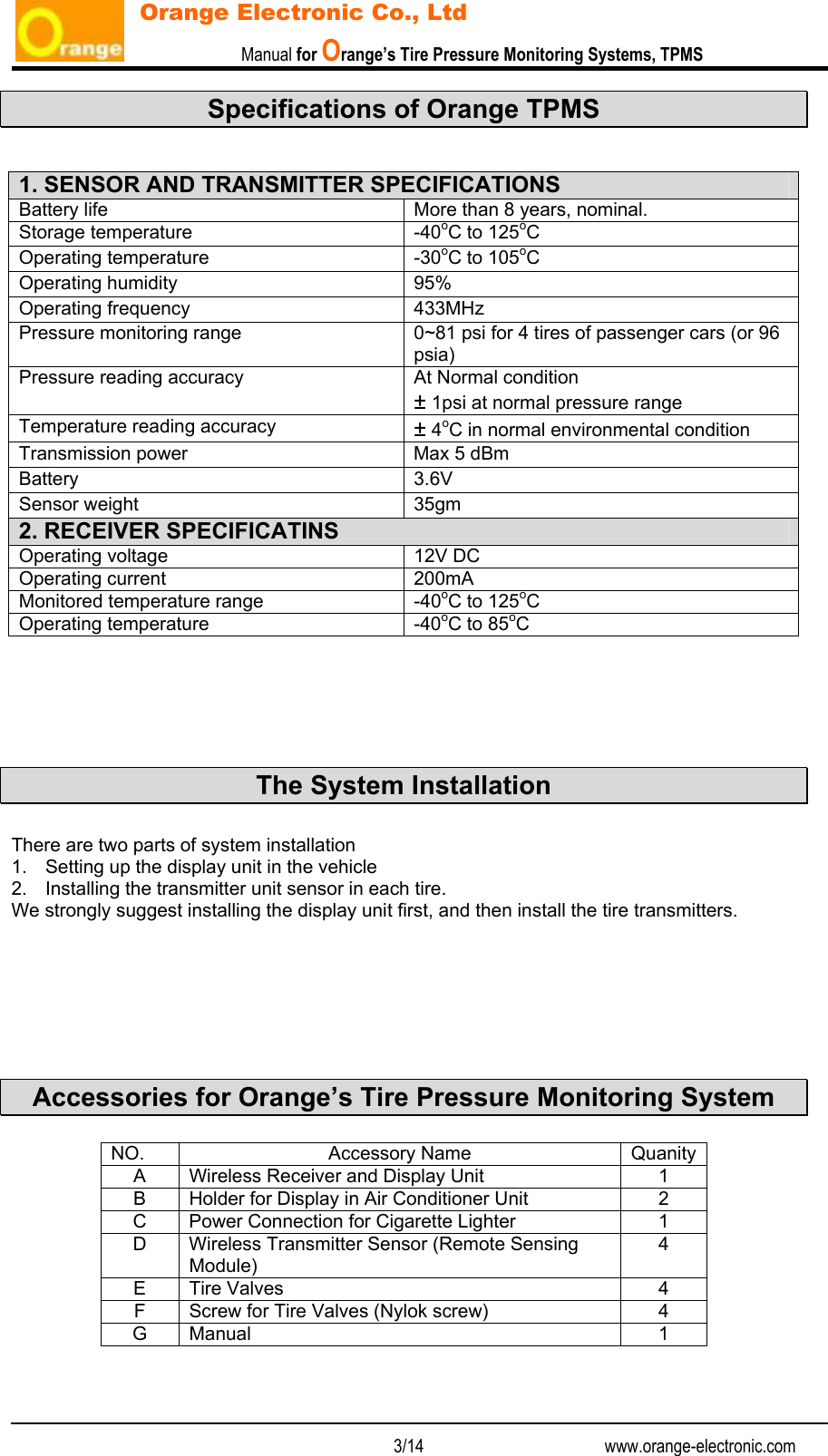                           Manual for Orange’s Tire Pressure Monitoring Systems, TPMS   3/14                                          www.orange-electronic.com Orange Electronic Co., Ltd Specifications of Orange TPMS   1. SENSOR AND TRANSMITTER SPECIFICATIONS Battery life  More than 8 years, nominal. Storage temperature  -40oC to 125oC Operating temperature  -30oC to 105oC Operating humidity  95% Operating frequency 433MHz  Pressure monitoring range  0~81 psi for 4 tires of passenger cars (or 96 psia) Pressure reading accuracy  At Normal condition  ± 1psi at normal pressure range Temperature reading accuracy  ± 4oC in normal environmental condition Transmission power  Max 5 dBm Battery 3.6V Sensor weight  35gm 2. RECEIVER SPECIFICATINS Operating voltage  12V DC Operating current  200mA Monitored temperature range  -40oC to 125oC Operating temperature  -40oC to 85oC       The System Installation  There are two parts of system installation 1.  Setting up the display unit in the vehicle 2.  Installing the transmitter unit sensor in each tire. We strongly suggest installing the display unit first, and then install the tire transmitters.       Accessories for Orange’s Tire Pressure Monitoring System  NO. Accessory Name Quanity A  Wireless Receiver and Display Unit  1 B  Holder for Display in Air Conditioner Unit  2 C  Power Connection for Cigarette Lighter  1 D  Wireless Transmitter Sensor (Remote Sensing Module) 4 E Tire Valves  4 F  Screw for Tire Valves (Nylok screw)  4 G Manual  1  