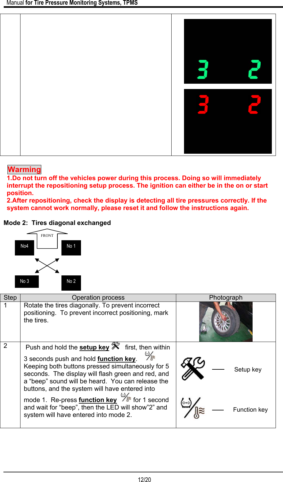                             Manual for Tire Pressure Monitoring Systems, TPMS  12/20                                                                Warming    1.Do not turn off the vehicles power during this process. Doing so will immediately interrupt the repositioning setup process. The ignition can either be in the on or start position. 2.After repositioning, check the display is detecting all tire pressures correctly. If the system cannot work normally, please reset it and follow the instructions again.  Mode 2:  Tires diagonal exchanged           Step  Operation process  Photograph 1  Rotate the tires diagonally. To prevent incorrect positioning.  To prevent incorrect positioning, mark the tires.       2   Push and hold the setup key    first, then within 3 seconds push and hold function key.        Keeping both buttons pressed simultaneously for 5 seconds.  The display will flash green and red, and a “beep” sound will be heard.  You can release the buttons, and the system will have entered into mode 1.  Re-press function key    for 1 second and wait for “beep”, then the LED will show”2” and system will have entered into mode 2.         Setup key Function keyNo4 No 3 No 1 FRONT No 2 