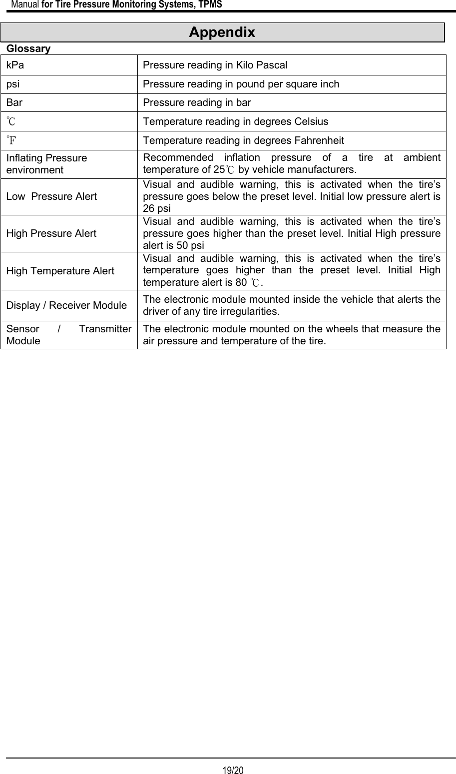                             Manual for Tire Pressure Monitoring Systems, TPMS  19/20                                            Appendix Glossary kPa  Pressure reading in Kilo Pascal psi  Pressure reading in pound per square inch Bar  Pressure reading in bar ℃ Temperature reading in degrees Celsius ℉ Temperature reading in degrees Fahrenheit Inflating Pressure environment Recommended inflation pressure of a tire at ambient temperature of 25℃ by vehicle manufacturers. Low  Pressure Alert Visual and audible warning, this is activated when the tire’s pressure goes below the preset level. Initial low pressure alert is 26 psi High Pressure Alert Visual and audible warning, this is activated when the tire’s pressure goes higher than the preset level. Initial High pressure alert is 50 psi High Temperature Alert Visual and audible warning, this is activated when the tire’s temperature goes higher than the preset level. Initial High temperature alert is 80 ℃. Display / Receiver Module  The electronic module mounted inside the vehicle that alerts the driver of any tire irregularities. Sensor / Transmitter Module The electronic module mounted on the wheels that measure the air pressure and temperature of the tire.                                