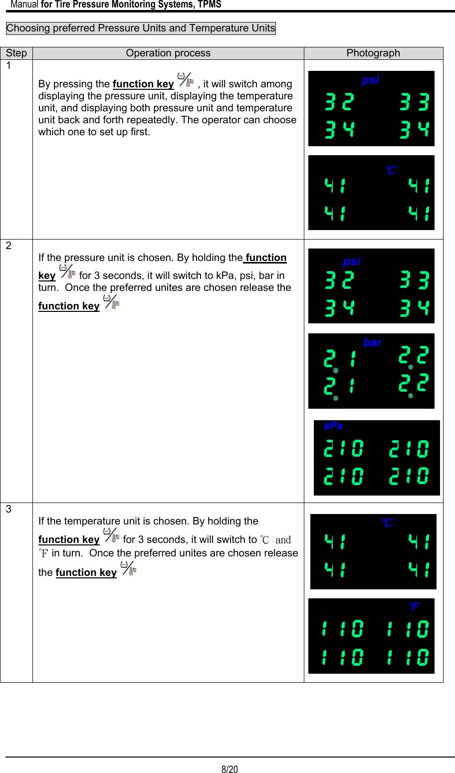                             Manual for Tire Pressure Monitoring Systems, TPMS  8/20                                            Choosing preferred Pressure Units and Temperature Units       Step  Operation process  Photograph 1  By pressing the function key  , it will switch among displaying the pressure unit, displaying the temperature unit, and displaying both pressure unit and temperature unit back and forth repeatedly. The operator can choose which one to set up first.                 2   If the pressure unit is chosen. By holding the function key  for 3 seconds, it will switch to kPa, psi, bar in turn.  Once the preferred unites are chosen release the   function key                        3   If the temperature unit is chosen. By holding the function key  for 3 seconds, it will switch to ℃ and ℉ in turn.  Once the preferred unites are chosen release the function key                   