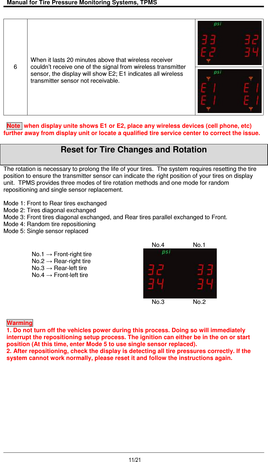   Manual for Tire Pressure Monitoring Systems, TPMS  11/21                                           6  When it lasts 20 minutes above that wireless receiver couldn’t receive one of the signal from wireless transmitter sensor, the display will show E2; E1 indicates all wireless transmitter sensor not receivable.     Note  when display unite shows E1 or E2, place any wireless devices (cell phone, etc) further away from display unit or locate a qualified tire service center to correct the issue.  Reset for Tire Changes and Rotation  The rotation is necessary to prolong the life of your tires.  The system requires resetting the tire position to ensure the transmitter sensor can indicate the right position of your tires on display unit.  TPMS provides three modes of tire rotation methods and one mode for random repositioning and single sensor replacement.  Mode 1: Front to Rear tires exchanged Mode 2: Tires diagonal exchanged Mode 3: Front tires diagonal exchanged, and Rear tires parallel exchanged to Front. Mode 4: Random tire repositioning Mode 5: Single sensor replaced  No.4                 No.1                                                                                      No.3                 No.2   Warming    1. Do not turn off the vehicles power during this process. Doing so will immediately interrupt the repositioning setup process. The ignition can either be in the on or start position (At this time, enter Mode 5 to use single sensor replaced). 2. After repositioning, check the display is detecting all tire pressures correctly. If the system cannot work normally, please reset it and follow the instructions again.             No.1 → Front-right tire No.2 → Rear-right tire No.3 → Rear-left tire No.4 → Front-left tire  