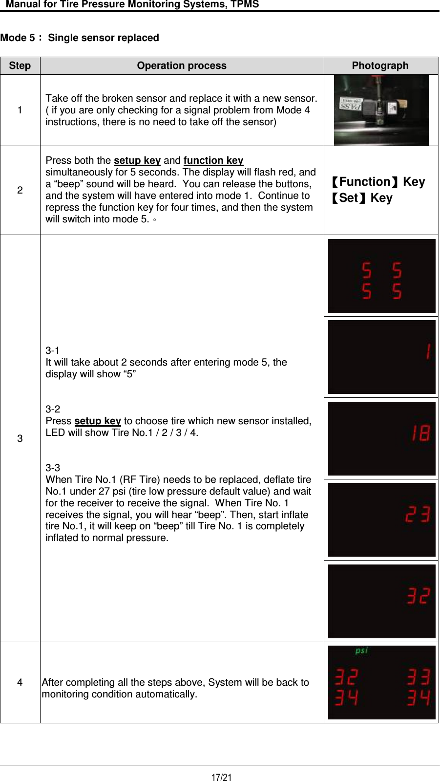   Manual for Tire Pressure Monitoring Systems, TPMS  17/21                                           Mode 5  Single sensor replaced  Step Operation process  Photograph 1 Take off the broken sensor and replace it with a new sensor. ( if you are only checking for a signal problem from Mode 4 instructions, there is no need to take off the sensor)  2 Press both the setup key and function key    simultaneously for 5 seconds. The display will flash red, and a “beep” sound will be heard.  You can release the buttons, and the system will have entered into mode 1.  Continue to repress the function key for four times, and then the system will switch into mode 5.  【【【【Function】】】】Key 【【【【Set】】】】Key 3  3-1 It will take about 2 seconds after entering mode 5, the display will show “5”   3-2 Press setup key to choose tire which new sensor installed, LED will show Tire No.1 / 2 / 3 / 4.   3-3 When Tire No.1 (RF Tire) needs to be replaced, deflate tire No.1 under 27 psi (tire low pressure default value) and wait for the receiver to receive the signal.  When Tire No. 1 receives the signal, you will hear “beep”. Then, start inflate tire No.1, it will keep on “beep” till Tire No. 1 is completely inflated to normal pressure.       4  After completing all the steps above, System will be back to monitoring condition automatically.    