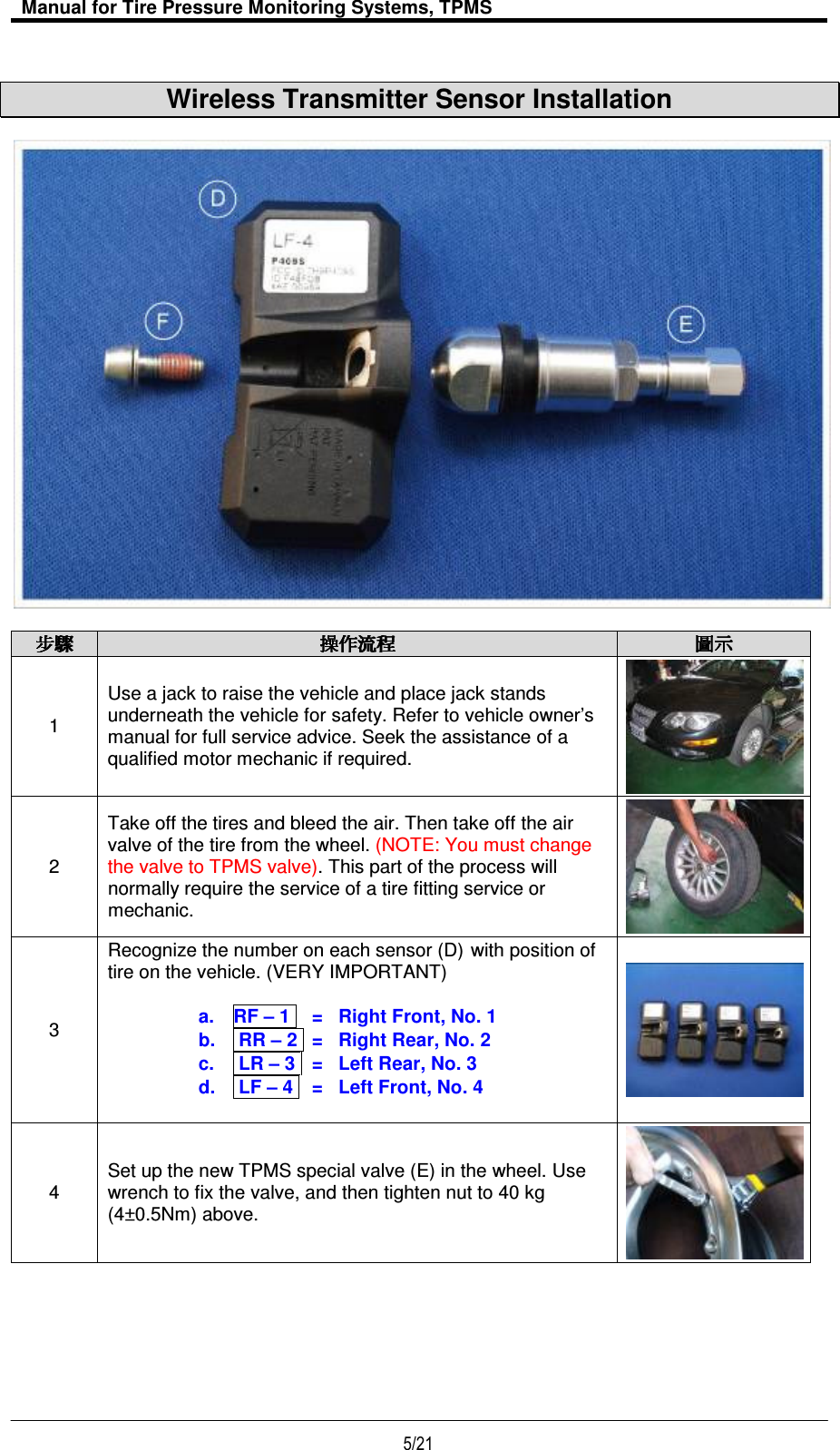   Manual for Tire Pressure Monitoring Systems, TPMS  5/21                                                                                                                                                                                                                                       Wireless Transmitter Sensor Installation         1 Use a jack to raise the vehicle and place jack stands underneath the vehicle for safety. Refer to vehicle owner’s manual for full service advice. Seek the assistance of a qualified motor mechanic if required.  2 Take off the tires and bleed the air. Then take off the air valve of the tire from the wheel. (NOTE: You must change the valve to TPMS valve). This part of the process will normally require the service of a tire fitting service or mechanic.  3 Recognize the number on each sensor (D) with position of tire on the vehicle. (VERY IMPORTANT)  a.  RF – 1   =   Right Front, No. 1 b.   RR – 2   =   Right Rear, No. 2 c.   LR – 3   =   Left Rear, No. 3 d.   LF – 4   =   Left Front, No. 4   4 Set up the new TPMS special valve (E) in the wheel. Use wrench to fix the valve, and then tighten nut to 40 kg (4±0.5Nm) above.  