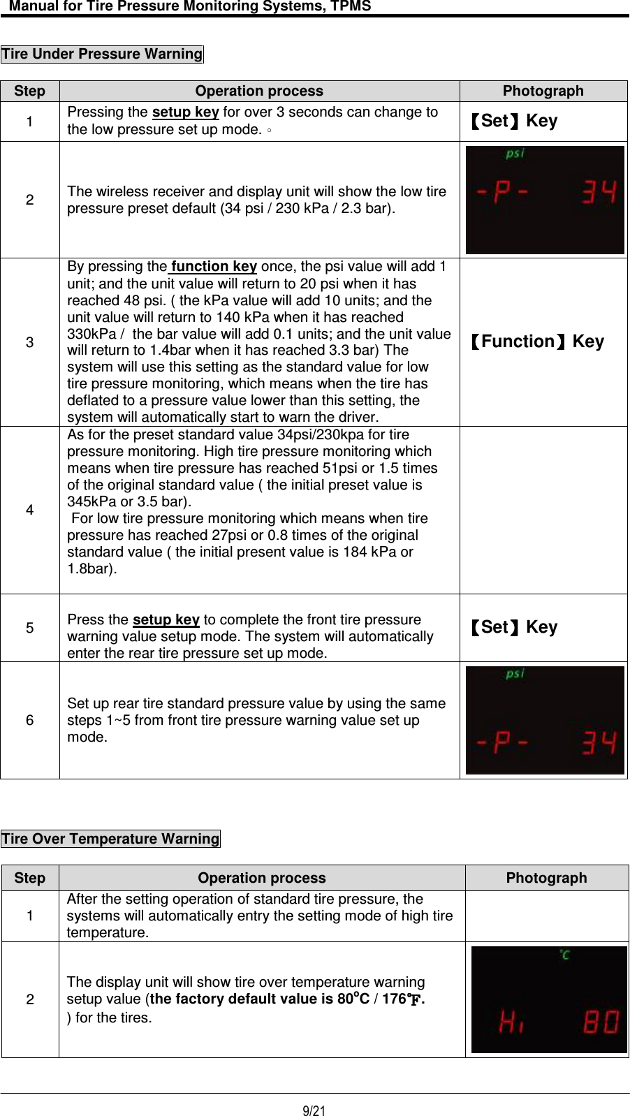   Manual for Tire Pressure Monitoring Systems, TPMS  9/21                                           Tire Under Pressure Warning      Tire Over Temperature Warning   Step Operation process  Photograph 1 After the setting operation of standard tire pressure, the systems will automatically entry the setting mode of high tire temperature.  2 The display unit will show tire over temperature warning setup value (the factory default value is 80oC / 176 . ) for the tires.    Step  Operation process  Photograph 1  Pressing the setup key for over 3 seconds can change to the low pressure set up mode.  【【【【Set】】】】Key 2  The wireless receiver and display unit will show the low tire pressure preset default (34 psi / 230 kPa / 2.3 bar).   3 By pressing the function key once, the psi value will add 1 unit; and the unit value will return to 20 psi when it has reached 48 psi. ( the kPa value will add 10 units; and the unit value will return to 140 kPa when it has reached 330kPa /  the bar value will add 0.1 units; and the unit value will return to 1.4bar when it has reached 3.3 bar) The system will use this setting as the standard value for low tire pressure monitoring, which means when the tire has deflated to a pressure value lower than this setting, the system will automatically start to warn the driver. 【【【【Function】】】】Key 4 As for the preset standard value 34psi/230kpa for tire pressure monitoring. High tire pressure monitoring which means when tire pressure has reached 51psi or 1.5 times of the original standard value ( the initial preset value is 345kPa or 3.5 bar).   For low tire pressure monitoring which means when tire pressure has reached 27psi or 0.8 times of the original standard value ( the initial present value is 184 kPa or 1.8bar).    5  Press the setup key to complete the front tire pressure warning value setup mode. The system will automatically enter the rear tire pressure set up mode. 【【【【Set】】】】Key 6 Set up rear tire standard pressure value by using the same steps 1~5 from front tire pressure warning value set up mode.     