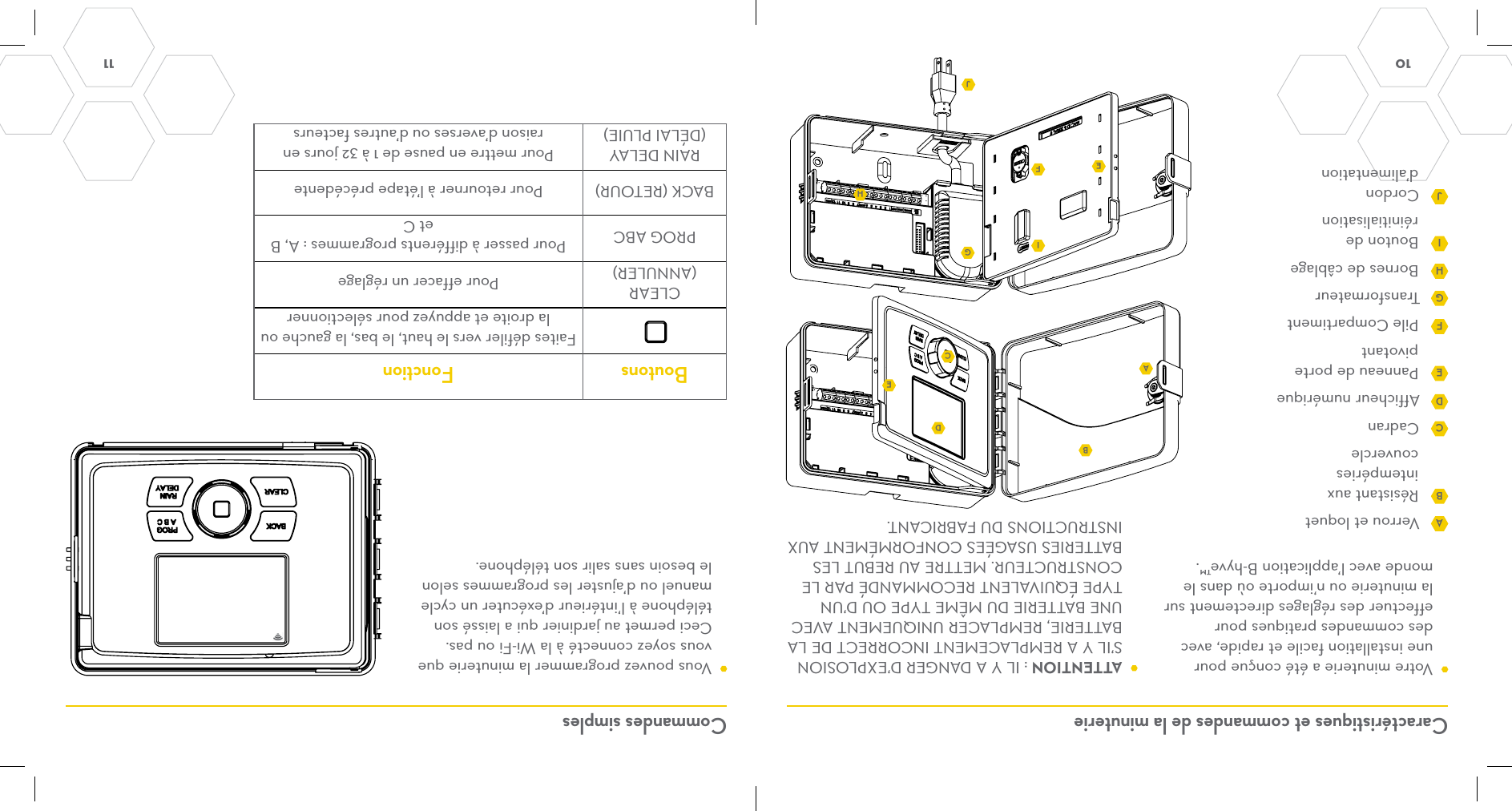 10 11 Caractéristiques et commandes de la minuterie Commandes simples  Votre minuterie a été conçue pour une installation facile et rapide, avec des commandes pratiques pour effectuer des réglages directement sur la minuterie ou n’importe où dans le monde avec l’application B-hyve™.  Vous pouvez programmer la minuterie que vous soyez connecté à la Wi-Fi ou pas. Ceci permet au jardinier qui a laissé son téléphone à l’intérieur d’exécuter un cycle manuel ou d’ajuster les programmes selon le besoin sans salir son téléphone.Verrou et loquetRésistant aux intempéries couvercle CadranAfficheur numériquePanneau de porte pivotantPile CompartimentTransformateurBornes de câblageBouton de réinitialisationCordon d’alimentationBoutons FonctionFaites défiler vers le haut, le bas, la gauche ou la droite et appuyez pour sélectionnerCLEAR (ANNULER) Pour effacer un réglagePROG ABC Pour passer à différents programmes : A, B et CBACK (RETOUR) Pour retourner à l’étape précédenteRAIN DELAY (DÉLAI PLUIE)Pour mettre en pause de 1 à 32 jours en raison d’averses ou d’autres facteursABCDEFGHIJ ATTENTION : IL Y A DANGER D’EXPLOSION S’IL Y A REMPLACEMENT INCORRECT DE LA BATTERIE, REMPLACER UNIQUEMENT AVEC UNE BATTERIE DU MÊME TYPE OU D’UN TYPE ÉQUIVALENT RECOMMANDÉ PAR LE CONSTRUCTEUR. METTRE AU REBUT LES BATTERIES USAGÉES CONFORMÉMENT AUX INSTRUCTIONS DU FABRICANT.ABCDEEFGHIJ