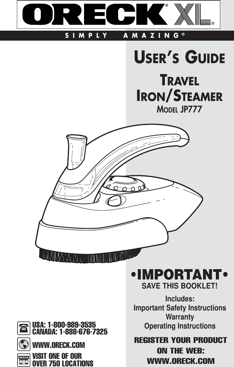 Page 1 of 7 - Oreck Oreck-Jp777-Users-Manual- TRAVEL IRON STEEMER MANUAL  Oreck-jp777-users-manual