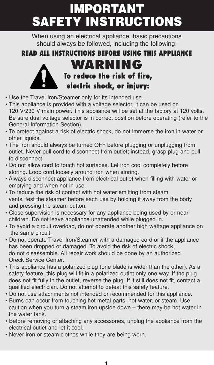 Page 2 of 7 - Oreck Oreck-Jp777-Users-Manual- TRAVEL IRON STEEMER MANUAL  Oreck-jp777-users-manual