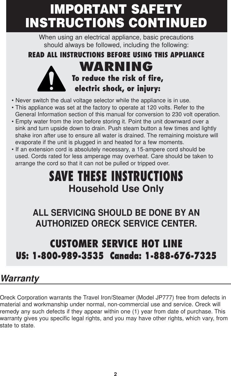 Page 3 of 7 - Oreck Oreck-Jp777-Users-Manual- TRAVEL IRON STEEMER MANUAL  Oreck-jp777-users-manual