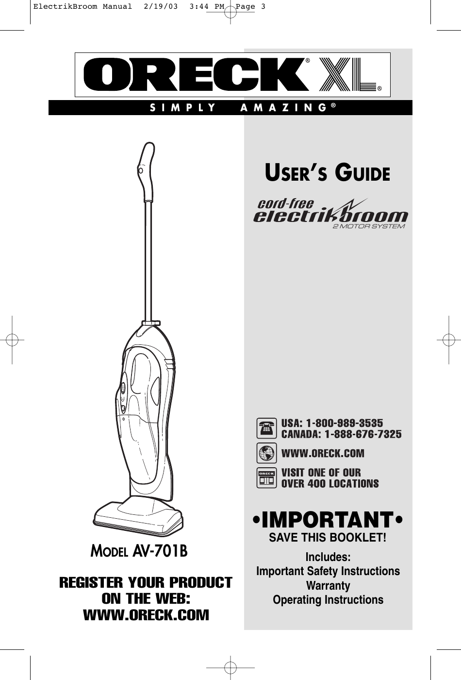 Page 1 of 10 - Oreck Oreck--Av-701B-Users-Manual- ElectrikBroom Manual  Oreck--av-701b-users-manual