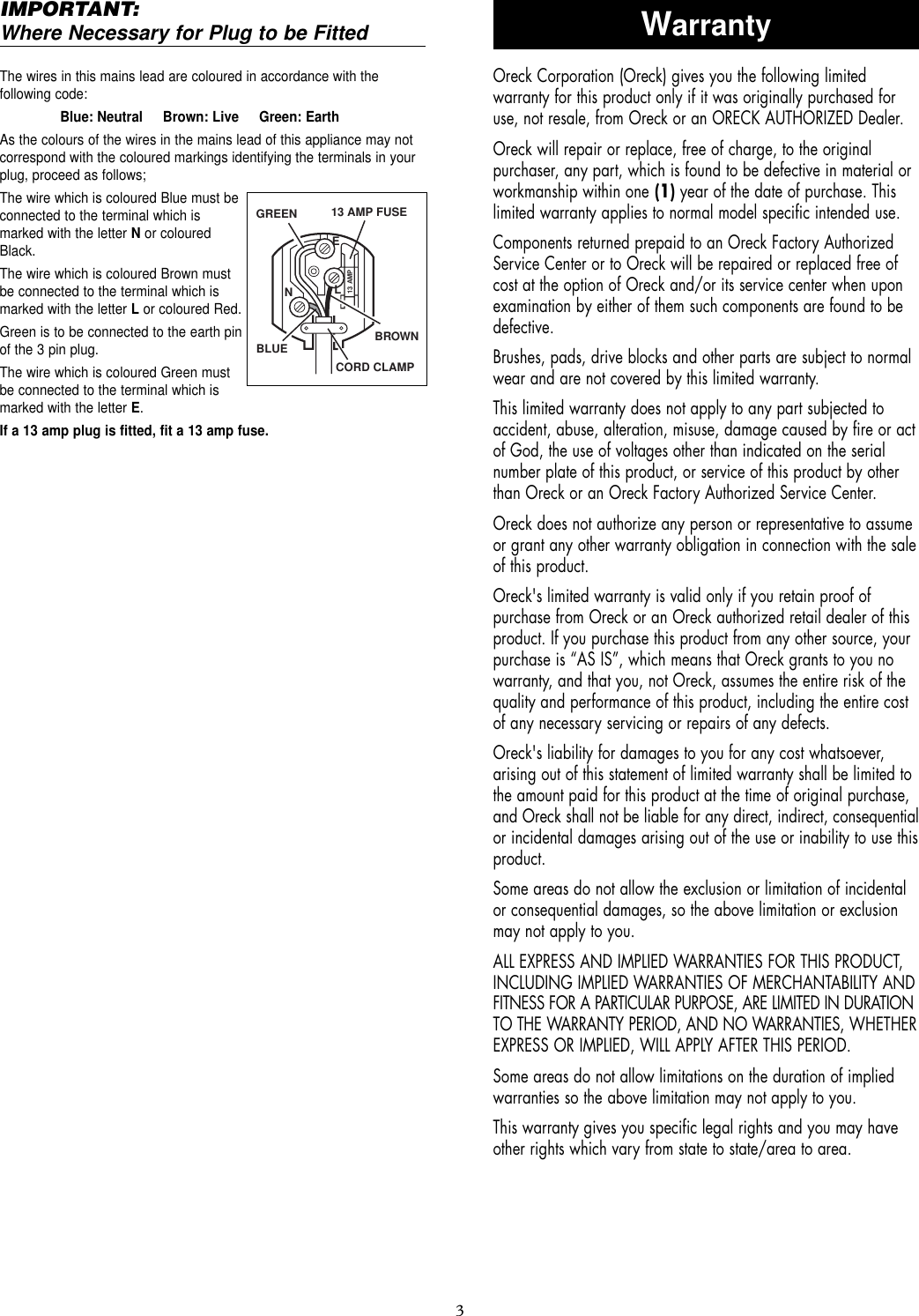 Page 3 of 8 - Oreck Oreck-Orbiter-Orb480-Users-Manual- 53303-01 Orbitor  Oreck-orbiter-orb480-users-manual