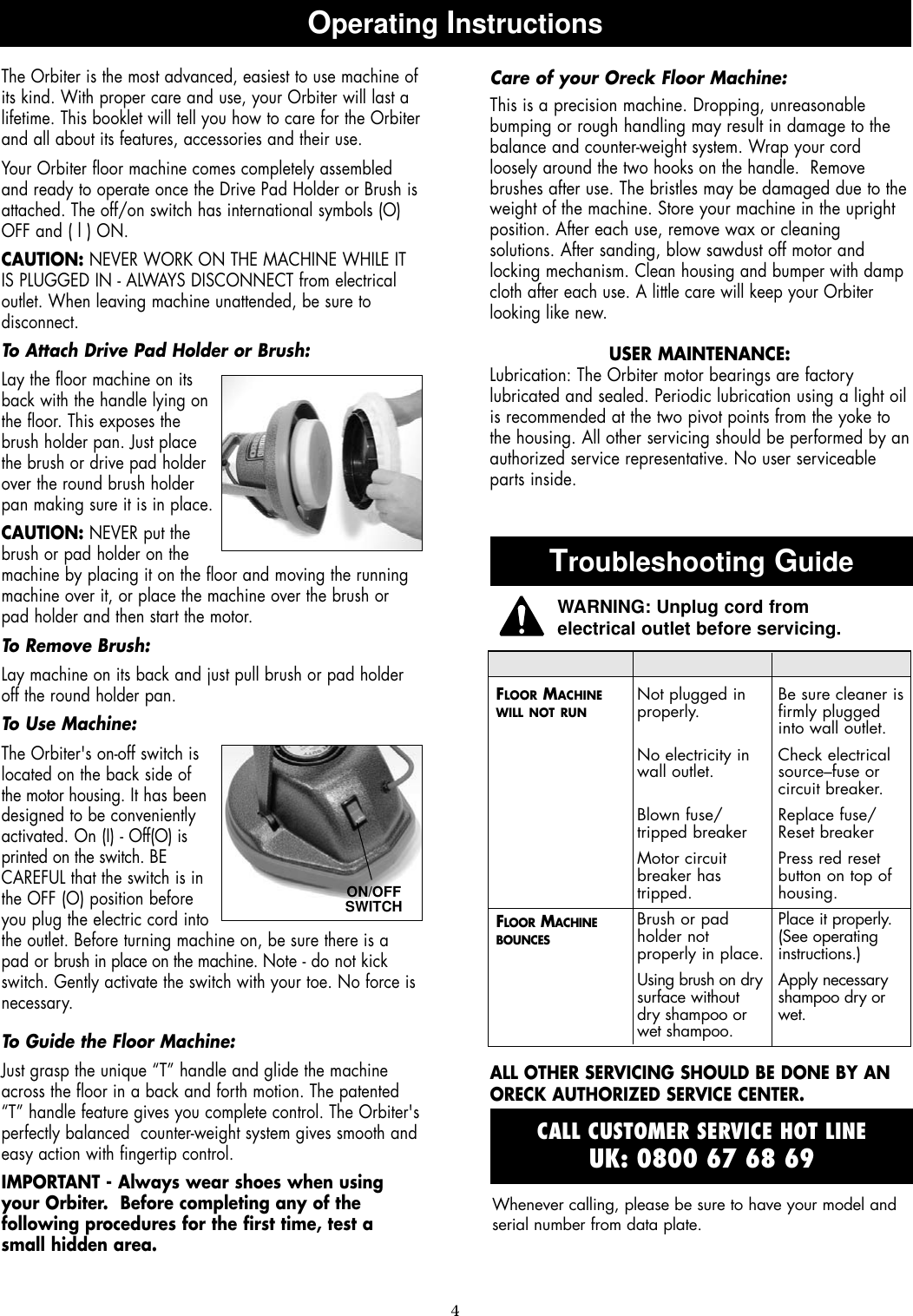 Page 4 of 8 - Oreck Oreck-Orbiter-Orb480-Users-Manual- 53303-01 Orbitor  Oreck-orbiter-orb480-users-manual