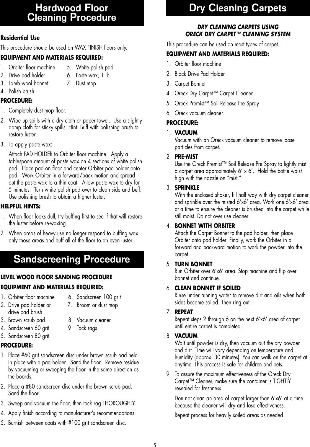 Page 5 of 8 - Oreck Oreck-Orbiter-Orb480-Users-Manual- 53303-01 Orbitor  Oreck-orbiter-orb480-users-manual
