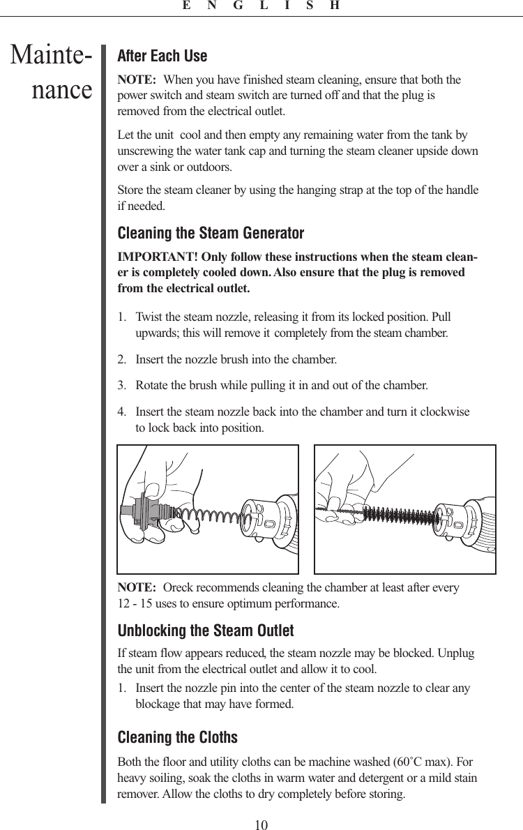 Page 10 of 12 - Oreck Oreck-Steam-It-Steam100-Users-Manual-  Oreck-steam-it-steam100-users-manual