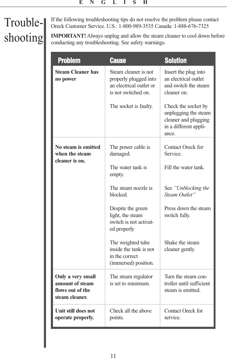 Page 11 of 12 - Oreck Oreck-Steam-It-Steam100-Users-Manual-  Oreck-steam-it-steam100-users-manual