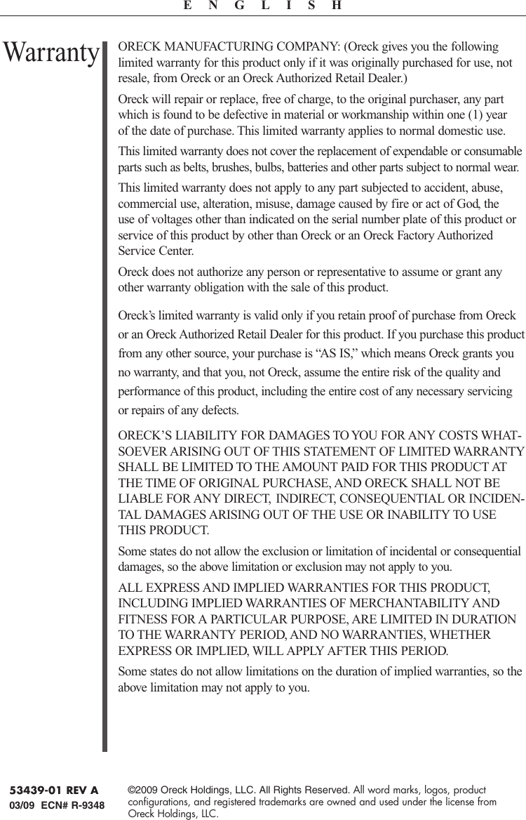 Page 12 of 12 - Oreck Oreck-Steam-It-Steam100-Users-Manual-  Oreck-steam-it-steam100-users-manual