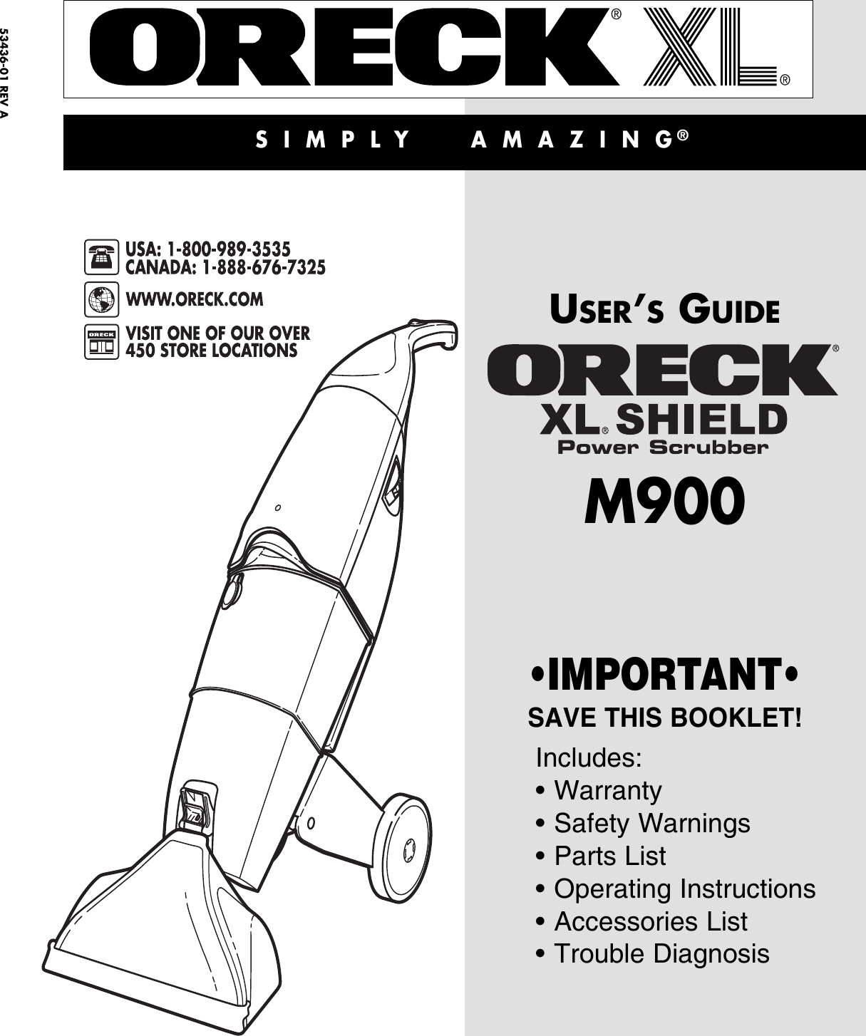 Page 1 of 8 - Oreck Oreck-Xl-Shield-Power-Scrubber-M900-Users-Manual- 53436-01 REV A M900  Oreck-xl-shield-power-scrubber-m900-users-manual