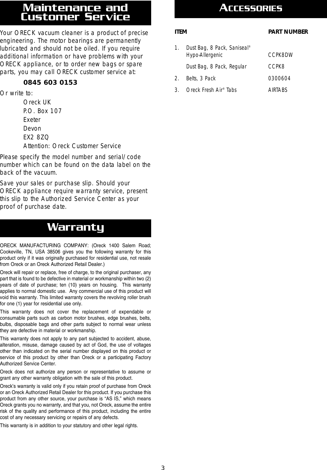 Page 3 of 8 - Oreck Oreck-Xl-U2505Rh-Users-Manual-  Oreck-xl-u2505rh-users-manual