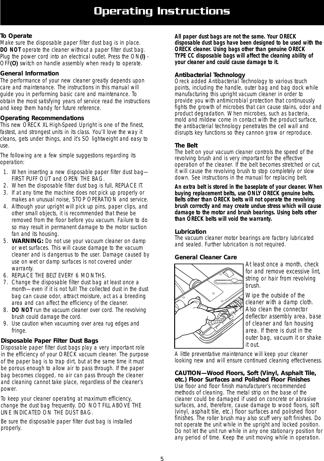 Page 5 of 8 - Oreck Oreck-Xl-U2505Rh-Users-Manual-  Oreck-xl-u2505rh-users-manual