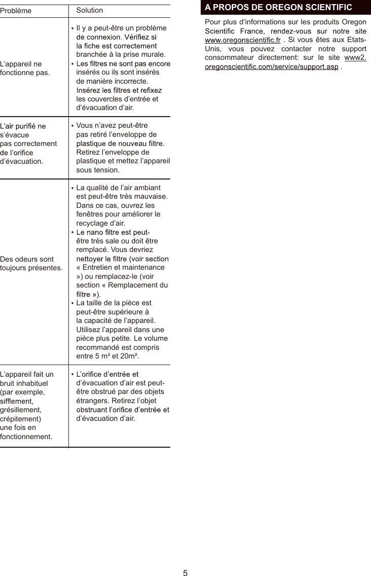 É  A PROPOS DE OREGON SCIENTIFICPour plus d‘informations sur les produits Oregon  . Si vous êtes aux Etats-Unis,  vous  pouvez  contacter  notre  support consommateur  directement:  sur  le  site  www2. . FR5ProblèmeL’appareil ne fonctionne pas.s’évacuepas correctement d’évacuation.Des odeurs sont toujours présentes.L’appareil fait un bruit inhabituel (par exemple, grésillement, crépitement) une fois en fonctionnement.SolutionIl y a peut-être un problème branchée à la prise murale.insérés ou ils sont insérés de manière incorrecte. les couvercles d’entrée et d’évacuation d’air.Vous n’avez peut-être pas retiré l’enveloppe de Retirez l’enveloppe de plastique et mettez l’appareil sous tension.La qualité de l’air ambiant est peut-être très mauvaise. Dans ce cas, ouvrez les fenêtres pour améliorer le recyclage d’air. être très sale ou doit être remplacé. Vous devriez « Entretien et maintenance ») ou remplacez-le (voir section « Remplacement du La taille de la pièce est peut-être supérieure à la capacité de l’appareil. Utilisez l’appareil dans une pièce plus petite. Le volume recommandé est compris entre 5 m² et 20m².d’évacuation d’air est peut-être obstrué par des objets étrangers. Retirez l’objet d’évacuation d’air.•••••••