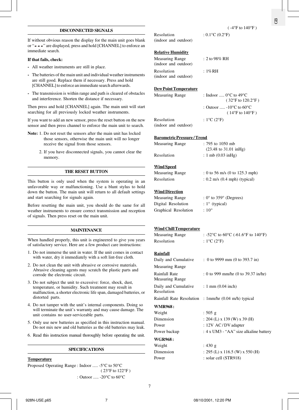 Page 7 of 9 - Oregon-Scientific Oregon-Scientific-Cable-Free-Wmr968-Users-Manual-  Oregon-scientific-cable-free-wmr968-users-manual