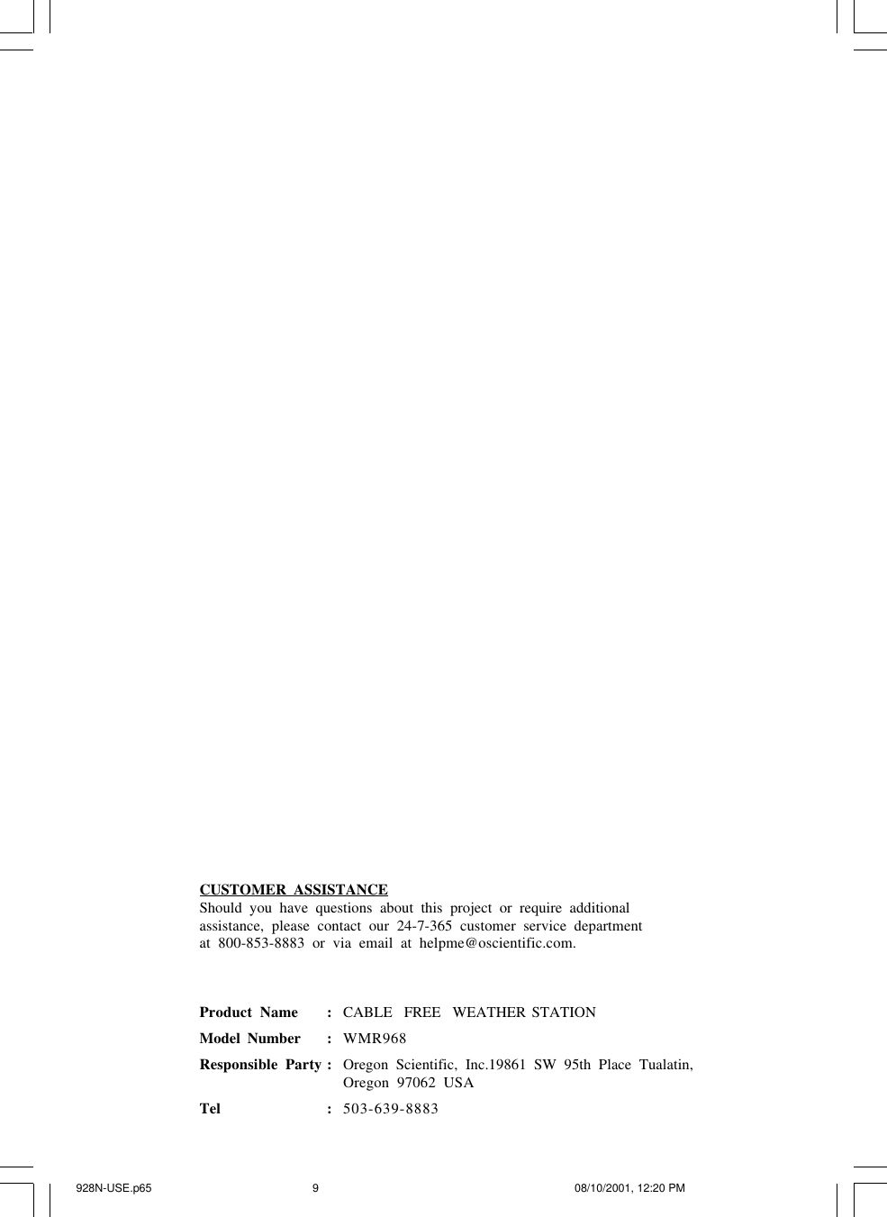 Page 9 of 9 - Oregon-Scientific Oregon-Scientific-Cable-Free-Wmr968-Users-Manual-  Oregon-scientific-cable-free-wmr968-users-manual