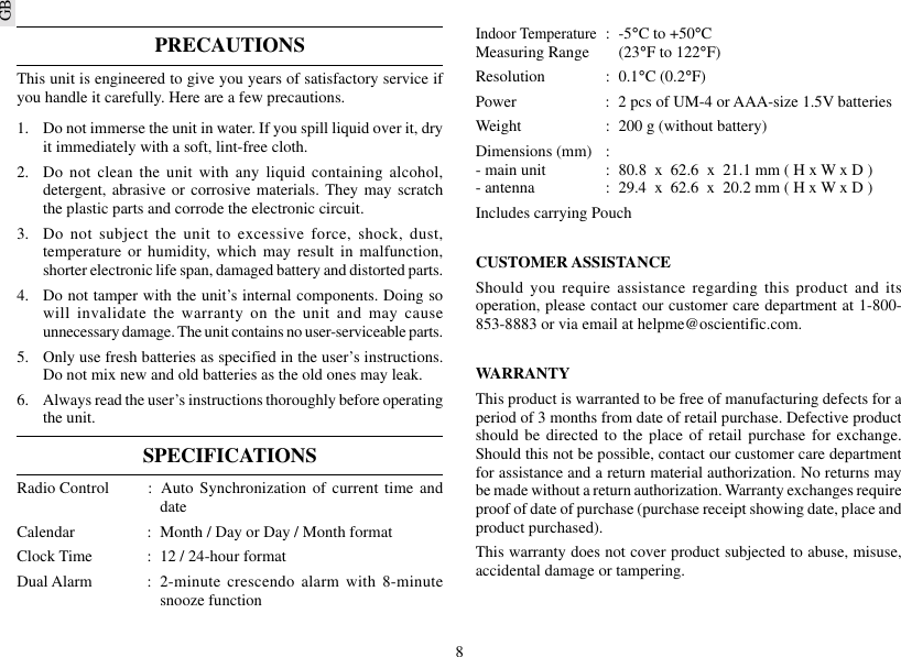 Page 8 of 9 - Oregon-Scientific Oregon-Scientific-Multi-Band-Radio-Controlled-Travel-Alarm-Clock-Rmb383A-Users-Manual- 6e-25/3 Oregon-scientific-multi-band-radio-controlled-travel-alarm-clock-rmb383a-users-manual