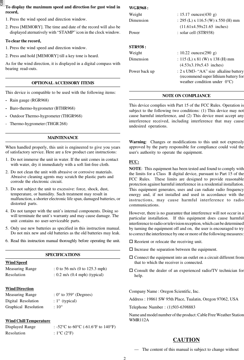 Page 2 of 3 - Oregon-Scientific Oregon-Scientific-Wgr968-Owner-S-Manual W-918EUR