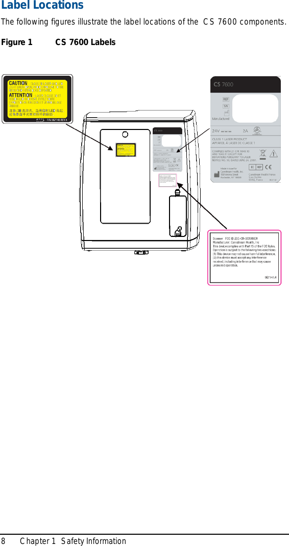 8 Chapter 1  Safety InformationLabel LocationsThe following figures illustrate the label locations of the  CS 7600 components.Figure 1   CS 7600 Labels