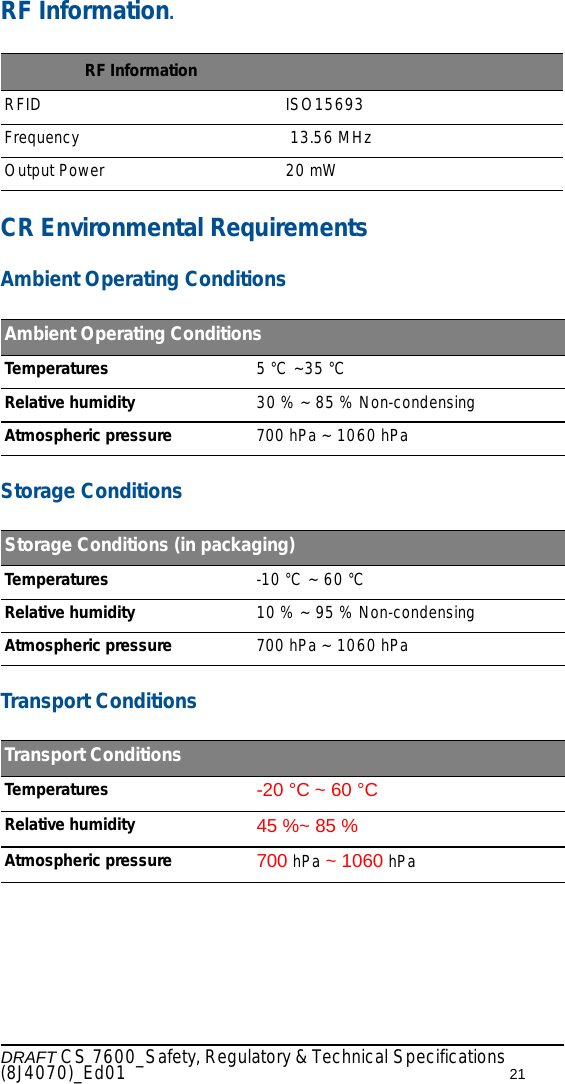 DRAFT CS 7600_Safety, Regulatory &amp; Technical Specifications (8J4070)_Ed01 21RF Information.CR Environmental RequirementsAmbient Operating ConditionsStorage ConditionsTransport ConditionsRF Information RFID ISO15693Frequency  13.56 MHzOutput Power 20 mW Ambient Operating ConditionsTemperatures 5 °C ~35 °CRelative humidity 30 % ~ 85 % Non-condensingAtmospheric pressure 700 hPa ~ 1060 hPaStorage Conditions (in packaging)Temperatures -10 °C ~ 60 °CRelative humidity 10 % ~ 95 % Non-condensingAtmospheric pressure 700 hPa ~ 1060 hPaTransport ConditionsTemperatures -20 °C ~ 60 °CRelative humidity 45 %~ 85 %Atmospheric pressure 700 hPa ~ 1060 hPa