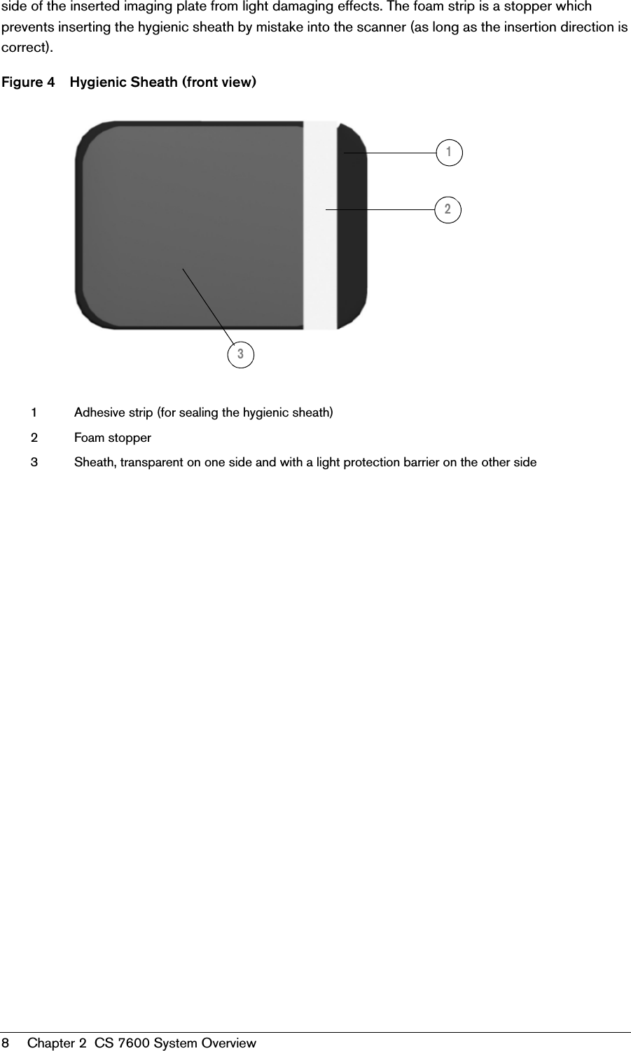 8 Chapter 2  CS 7600 System Overviewside of the inserted imaging plate from light damaging effects. The foam strip is a stopper which prevents inserting the hygienic sheath by mistake into the scanner (as long as the insertion direction is correct).Figure 4 Hygienic Sheath (front view)1 Adhesive strip (for sealing the hygienic sheath)2 Foam stopper3 Sheath, transparent on one side and with a light protection barrier on the other side312