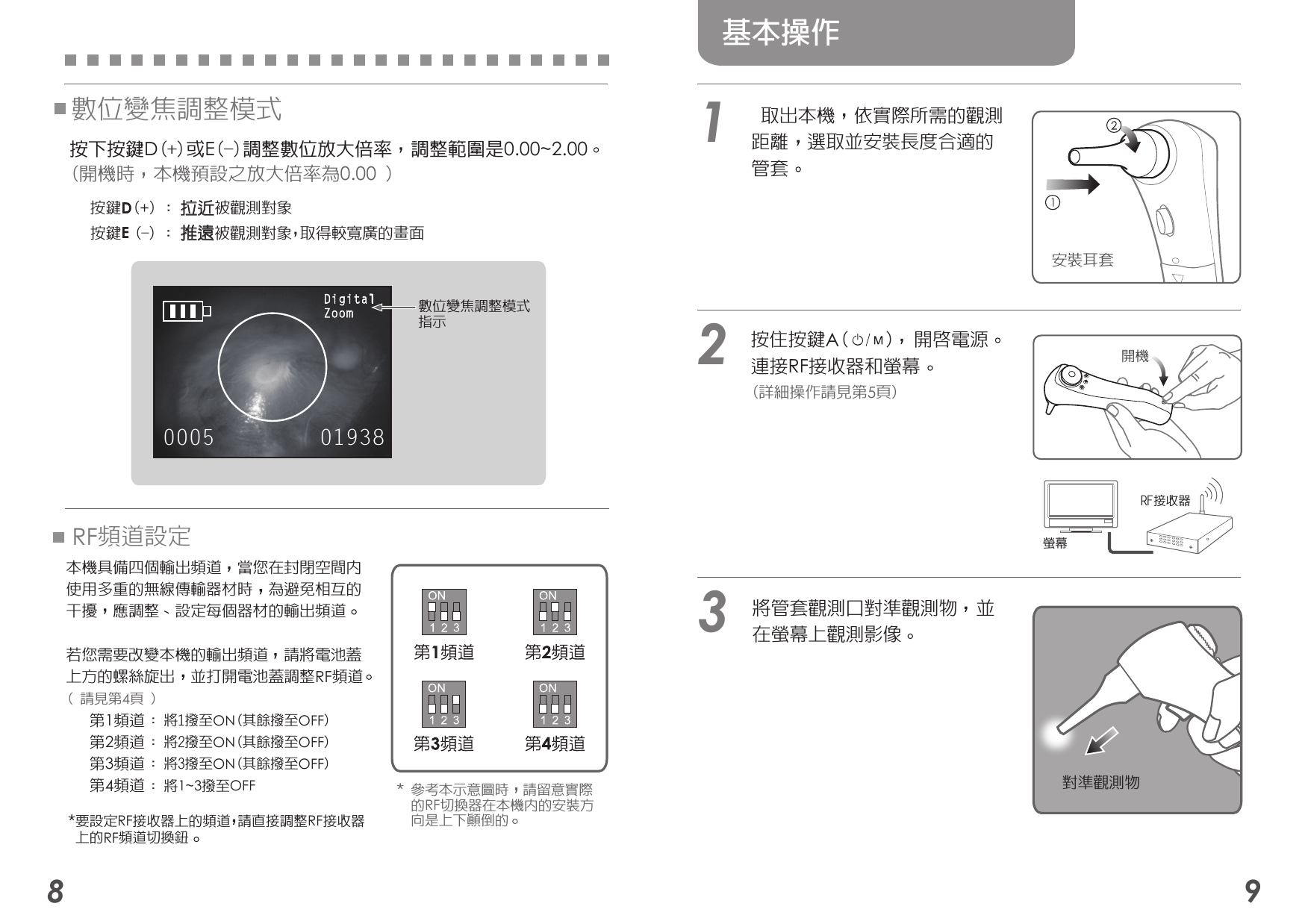 0005 01938DigitalZoom對準觀測物8 9基本操作  按住按鍵A(    )  開啟電源  連接RF接收器和螢幕  (詳細操作請見第5頁)1   將管套觀測口對準觀測物  並   在螢幕上觀測影像安裝耳套開機螢幕RF接收器3   取出本機  依實際所需的觀測  距離  選取並安裝長度合適的  管套2RF頻道設定本機具備四個輸出頻道  當您在封閉空間內使用多重的無線傳輸器材時  為避免相互的干擾  應調整  設定每個器材的輸出頻道  若您需要改變本機的輸出頻道  請將電池蓋上方的螺絲旋出  並打開電池蓋調整RF頻道( 請見第4頁 )   第1頻道   第2頻道    第3頻道    第4頻道  按鍵D(+) : 拉近被觀測對象按鍵E (-) : 推遠被觀測對象 取得較寬廣的畫面 數位變焦調整模式 按下按鍵D(+)或E(-)調整數位放大倍率  調整範圍是0.00~2.00 (開機時  本機預設之放大倍率為0.00 )數位變焦調整模式指示 * 參考本示意圖時  請留意實際   的RF切換器在本機內的安裝方   向是上下顛倒的: 將1撥至ON(其餘撥至OFF): 將2撥至ON(其餘撥至OFF): 將3撥至ON(其餘撥至OFF): 將1~3撥至OFF*要設定RF接收器上的頻道 請直接調整RF接收器 上的RF頻道切換鈕