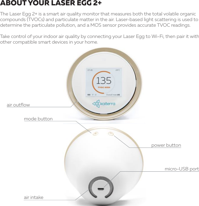 ABOUT YOUR LASER EGG 2+The Laser Egg 2+ is a smart air quality monitor that measures both the total volatile organic compounds (TVOCs) and particulate matter in the air. Laser-based light scattering is used to determine the particulate pollution, and a MOS sensor provides accurate TVOC readings.Take control of your indoor air quality by connecting your Laser Egg to Wi-Fi, then pair it with other compatible smart devices in your home.power buttonmicro-USB portair intakemode buttonair outflow