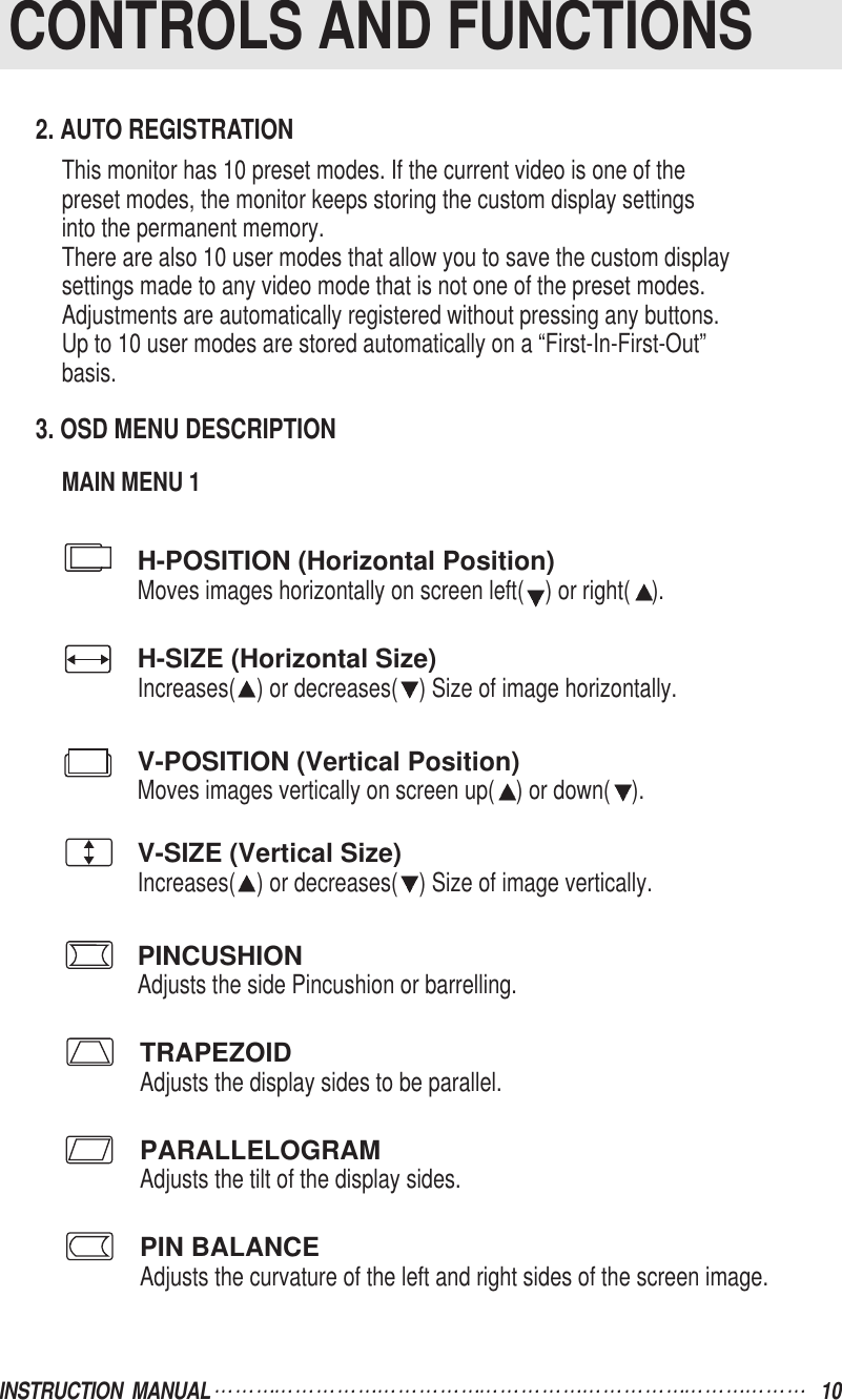 INSTRUCTION  MANUAL 10CONTROLS AND FUNCTIONS2. AUTO REGISTRATIONThis monitor has 10 preset modes. If the current video is one of thepreset modes, the monitor keeps storing the custom display settingsinto the permanent memory.There are also 10 user modes that allow you to save the custom displaysettings made to any video mode that is not one of the preset modes.Adjustments are automatically registered without pressing any buttons.Up to 10 user modes are stored automatically on a “First-In-First-Out”basis.3. OSD MENU DESCRIPTIONMAIN MENU 1H-POSITION (Horizontal Position)Moves images horizontally on screen left( ) or right( ).H-SIZE (Horizontal Size)Increases( ) or decreases( ) Size of image horizontally.V-POSITION (Vertical Position)Moves images vertically on screen up( ) or down( ).V-SIZE (Vertical Size)Increases( ) or decreases( ) Size of image vertically.PINCUSHIONAdjusts the side Pincushion or barrelling.TRAPEZOIDAdjusts the display sides to be parallel.PARALLELOGRAMAdjusts the tilt of the display sides.PIN BALANCEAdjusts the curvature of the left and right sides of the screen image.