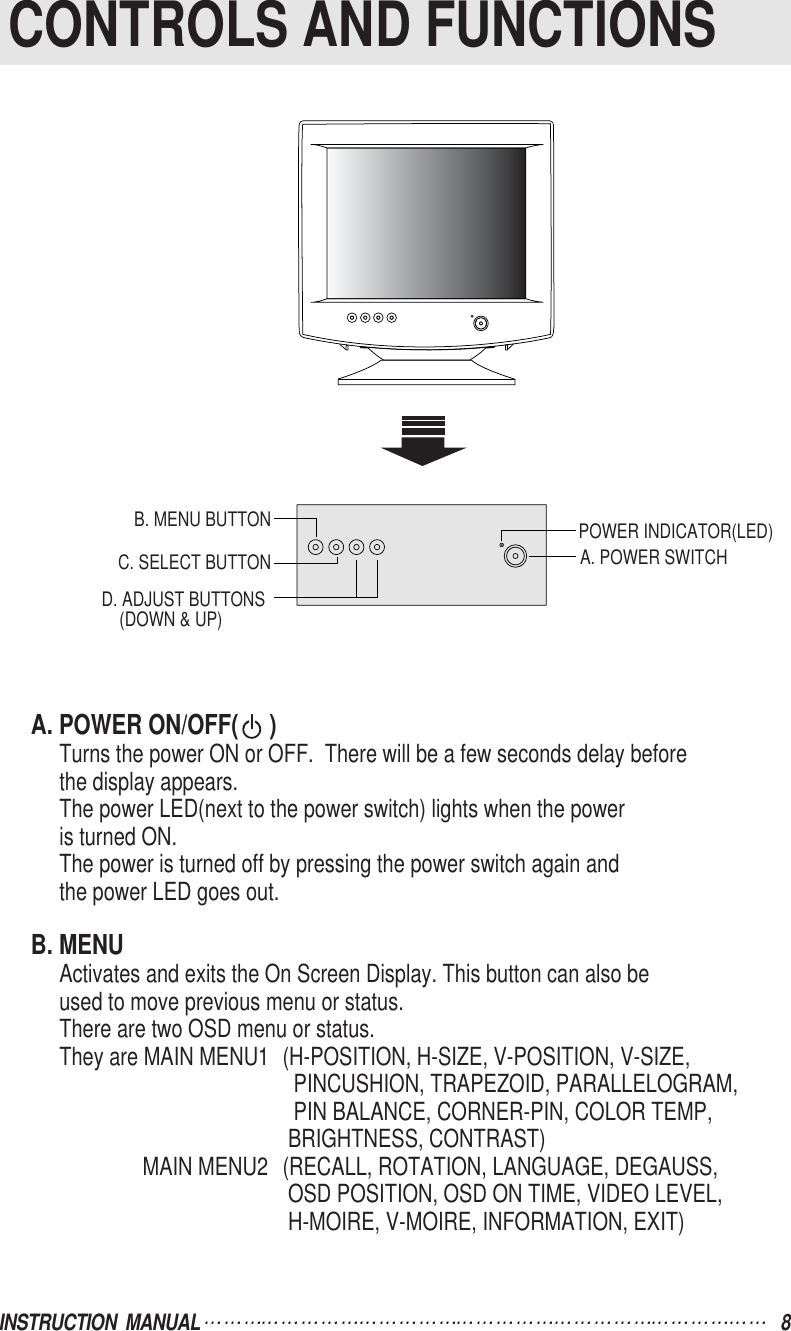 INSTRUCTION  MANUAL 8A. POWER ON/OFF(     )Turns the power ON or OFF.  There will be a few seconds delay beforethe display appears.The power LED(next to the power switch) lights when the poweris turned ON.The power is turned off by pressing the power switch again andthe power LED goes out.B. MENUActivates and exits the On Screen Display. This button can also beused to move previous menu or status.There are two OSD menu or status.They are MAIN MENU1 (H-POSITION, H-SIZE, V-POSITION, V-SIZE,PINCUSHION, TRAPEZOID, PARALLELOGRAM,PIN BALANCE, CORNER-PIN, COLOR TEMP,BRIGHTNESS, CONTRAST) MAIN MENU2 (RECALL, ROTATION, LANGUAGE, DEGAUSS,OSD POSITION, OSD ON TIME, VIDEO LEVEL, H-MOIRE, V-MOIRE, INFORMATION, EXIT)CONTROLS AND FUNCTIONSB. MENU BUTTOND. ADJUST BUTTONS(DOWN &amp; UP)C. SELECT BUTTONPOWER INDICATOR(LED)A. POWER SWITCH