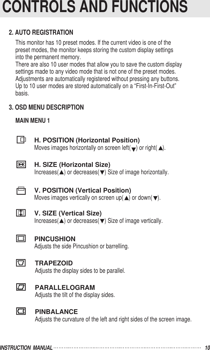 INSTRUCTION  MANUAL 10CONTROLS AND FUNCTIONS2. AUTO REGISTRATIONThis monitor has 10 preset modes. If the current video is one of thepreset modes, the monitor keeps storing the custom display settingsinto the permanent memory.There are also 10 user modes that allow you to save the custom displaysettings made to any video mode that is not one of the preset modes.Adjustments are automatically registered without pressing any buttons.Up to 10 user modes are stored automatically on a “First-In-First-Out”basis.3. OSD MENU DESCRIPTIONMAIN MENU 1H. POSITION (Horizontal Position)Moves images horizontally on screen left( ) or right( ).H. SIZE (Horizontal Size)Increases( ) or decreases( ) Size of image horizontally.V. POSITION (Vertical Position)Moves images vertically on screen up( ) or down( ).V. SIZE (Vertical Size)Increases( ) or decreases( ) Size of image vertically.PINCUSHIONAdjusts the side Pincushion or barrelling.TRAPEZOIDAdjusts the display sides to be parallel.PARALLELOGRAMAdjusts the tilt of the display sides.PINBALANCEAdjusts the curvature of the left and right sides of the screen image.