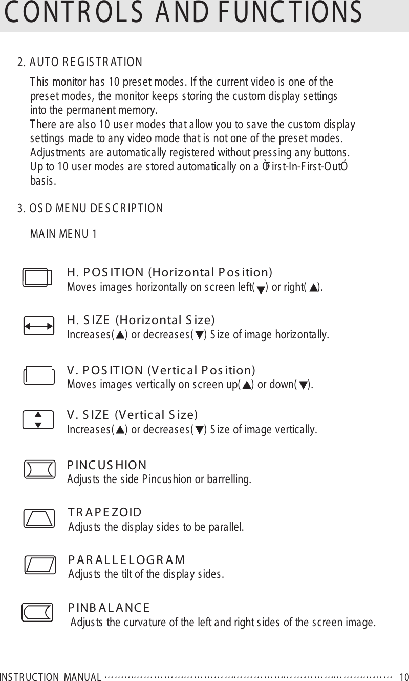 INS TR UC T ION  MANUAL 10C ONTR OL S  AND FUNC TIONS2. AUTO R E G IS TR ATIONThis monitor has 10 preset modes. If the current video is one of thepreset modes, the monitor keeps storing the custom display settingsinto the permanent memory.There are also 10 user modes that allow you to save the custom displaysettings made to any video mode that is not one of the preset modes.Adjustments are automatically registered without pressing any buttons.Up to 10 user modes are stored automatically on a ÒFirst-In-First-OutÓbasis.3. OS D ME NU DE S C R IPT IONMAIN ME NU 1H. P OS ITION (Horizontal Pos ition)Moves images horizontally on screen left( ) or right( ).H. S IZE  (Horizontal S ize)Increases( ) or decreases( ) S ize of image horizontally.V. P OS ITION (Vertical P os ition)Moves images vertically on screen up( ) or down( ).V. S IZE  (Vertical S ize)Increases( ) or decreases( ) S ize of image vertically.P INC US HIONAdjusts the side P incushion or barrelling.TR AP E ZOIDAdjusts the display sides to be parallel.P AR AL L E L OG R AMAdjusts the tilt of the display sides.P INB A L ANC EAdjusts the curvature of the left and right sides of the screen image.