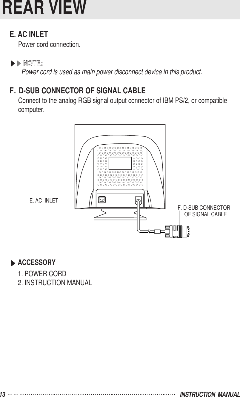 13  INSTRUCTION  MANUALREAR VIEWE. AC INLETPower cord connection.NNOOTTEE::Power cord is used as main power disconnect device in this product.F. D-SUB CONNECTOR OF SIGNAL CABLEConnect to the analog RGB signal output connector of IBM PS/2, or compatible computer.ACCESSORY1. POWER CORD2. INSTRUCTION MANUALE. AC  INLET F. D-SUB CONNECTOROF SIGNAL CABLE