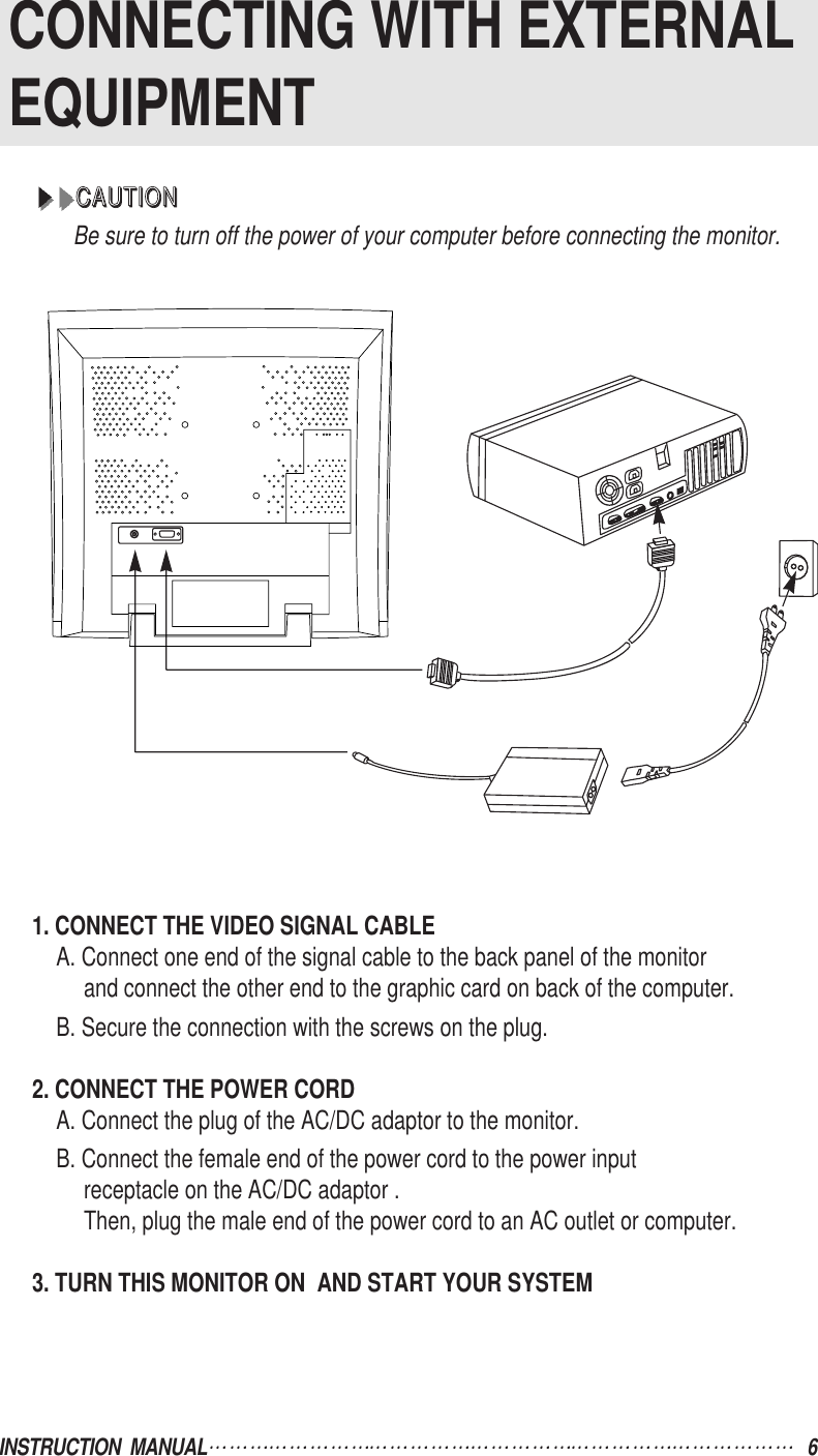 INSTRUCTION  MANUAL 6CONNECTING WITH EXTERNALEQUIPMENTCCCCAAAAUUUUTTTTIIIIOOOONNNNBe sure to turn off the power of your computer before connecting the monitor.1. CONNECT THE VIDEO SIGNAL CABLEA. Connect one end of the signal cable to the back panel of the monitor  and connect the other end to the graphic card on back of the computer.B. Secure the connection with the screws on the plug.2. CONNECT THE POWER CORDA. Connect the plug of the AC/DC adaptor to the monitor.B. Connect the female end of the power cord to the power inputreceptacle on the AC/DC adaptor .Then, plug the male end of the power cord to an AC outlet or computer.3. TURN THIS MONITOR ON  AND START YOUR SYSTEM