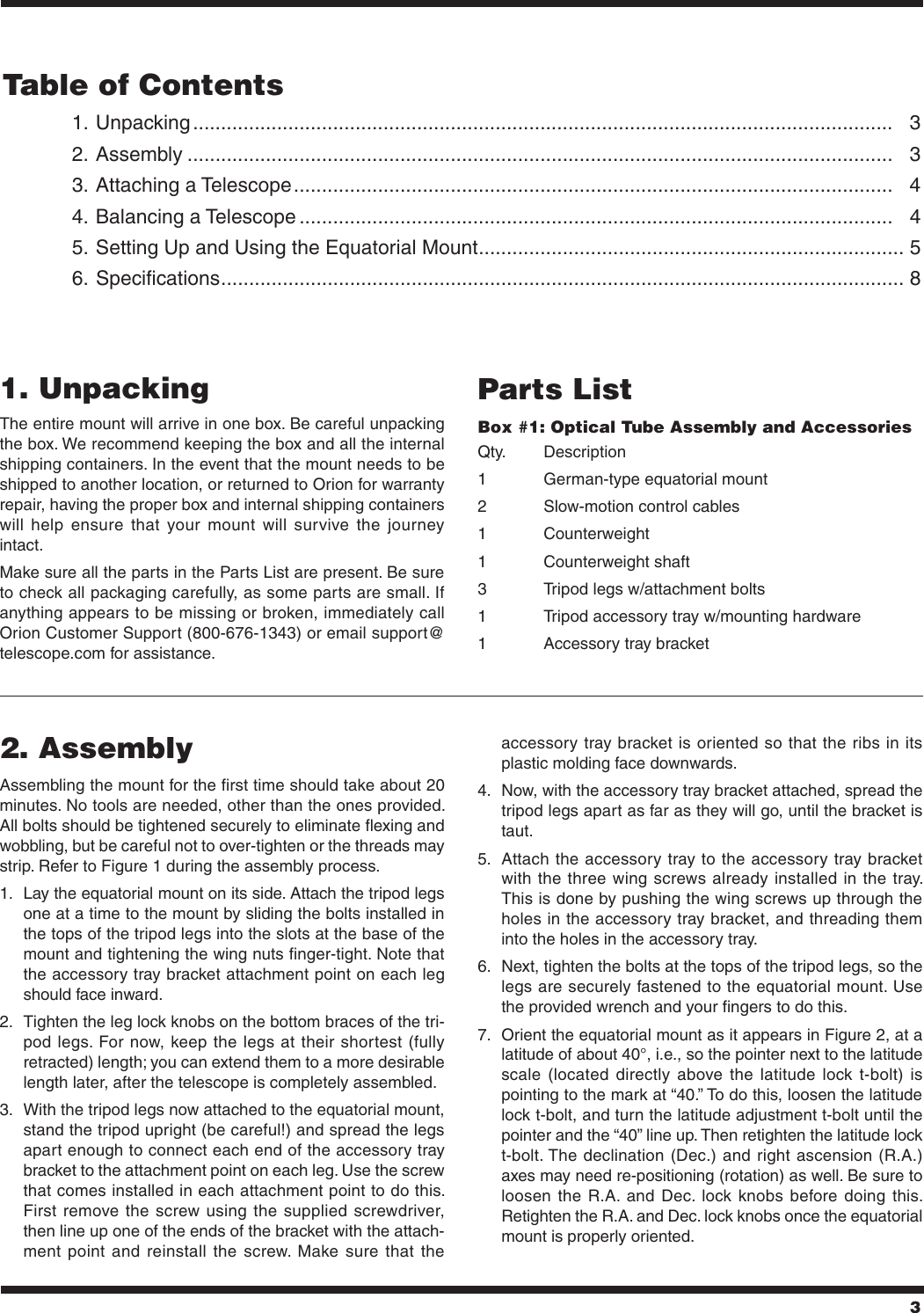 Page 3 of 8 - Orion Orion-Eq-2-Equatorial-Mount-9828-Users-Manual-  Orion-eq-2-equatorial-mount-9828-users-manual