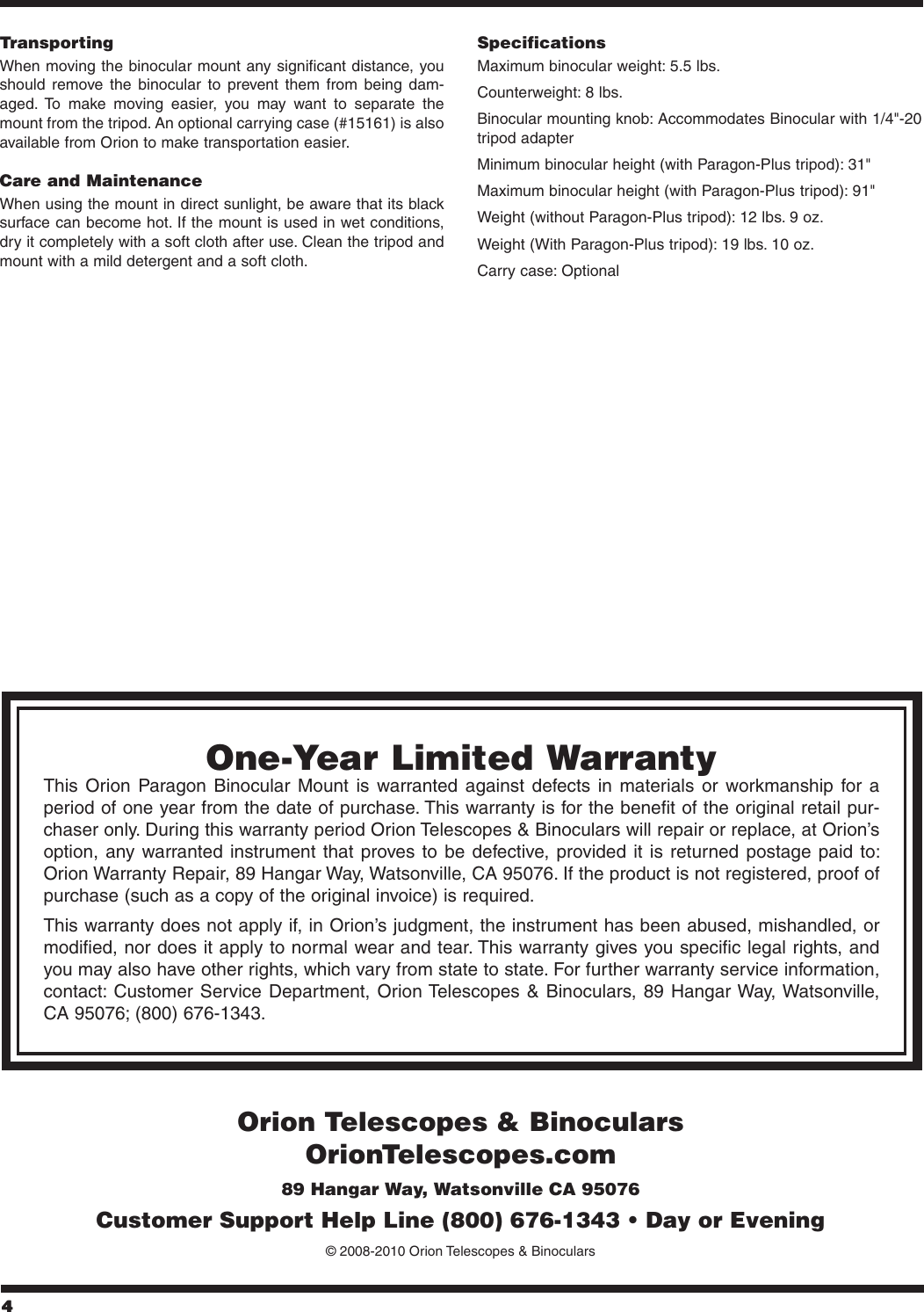 Page 4 of 4 - Orion Orion-Paragon-Plus-5376-Users-Manual-  Orion-paragon-plus-5376-users-manual