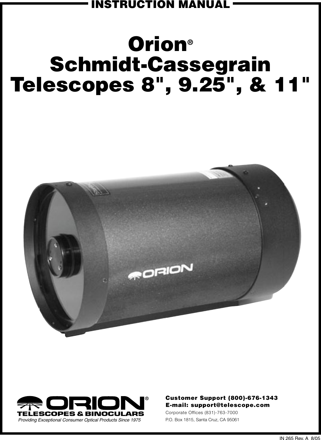 Page 1 of 8 - Orion Orion-Schmidt-Cassegrain-Telescopes-8-9-25-And-11-Users-Manual- IN 265_RevA_Orion_SCTs  Orion-schmidt-cassegrain-telescopes-8-9-25-and-11-users-manual