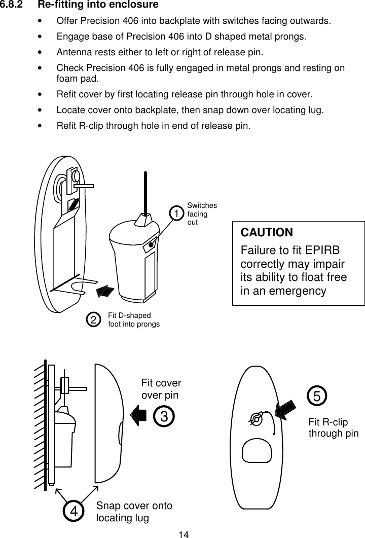 146.8.2  Re-fitting into enclosure•  Offer Precision 406 into backplate with switches facing outwards.•  Engage base of Precision 406 into D shaped metal prongs.•  Antenna rests either to left or right of release pin.•  Check Precision 406 is fully engaged in metal prongs and resting onfoam pad.•  Refit cover by first locating release pin through hole in cover.•  Locate cover onto backplate, then snap down over locating lug.•  Refit R-clip through hole in end of release pin.3Fit coverover pin4Snap cover ontolocating lug5Fit R-clipthrough pin12SwitchesfacingoutFit D-shapedfoot into prongsCAUTIONFailure to fit EPIRBcorrectly may impairits ability to float freein an emergency