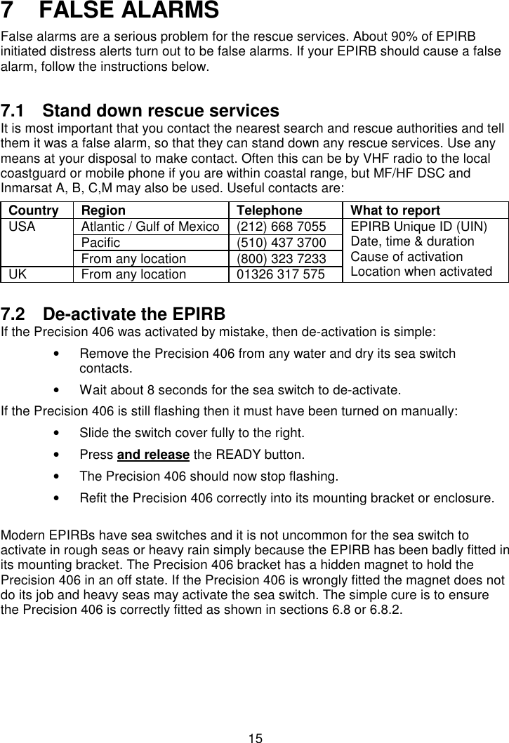 157   FALSE ALARMSFalse alarms are a serious problem for the rescue services. About 90% of EPIRBinitiated distress alerts turn out to be false alarms. If your EPIRB should cause a falsealarm, follow the instructions below.7.1  Stand down rescue servicesIt is most important that you contact the nearest search and rescue authorities and tellthem it was a false alarm, so that they can stand down any rescue services. Use anymeans at your disposal to make contact. Often this can be by VHF radio to the localcoastguard or mobile phone if you are within coastal range, but MF/HF DSC andInmarsat A, B, C,M may also be used. Useful contacts are:Country Region Telephone What to reportAtlantic / Gulf of Mexico (212) 668 7055Pacific (510) 437 3700USAFrom any location (800) 323 7233UK From any location 01326 317 575EPIRB Unique ID (UIN)Date, time &amp; durationCause of activationLocation when activated7.2  De-activate the EPIRBIf the Precision 406 was activated by mistake, then de-activation is simple:•  Remove the Precision 406 from any water and dry its sea switchcontacts.•  Wait about 8 seconds for the sea switch to de-activate.If the Precision 406 is still flashing then it must have been turned on manually:•  Slide the switch cover fully to the right.• Press and release the READY button.•  The Precision 406 should now stop flashing.•  Refit the Precision 406 correctly into its mounting bracket or enclosure.Modern EPIRBs have sea switches and it is not uncommon for the sea switch toactivate in rough seas or heavy rain simply because the EPIRB has been badly fitted inits mounting bracket. The Precision 406 bracket has a hidden magnet to hold thePrecision 406 in an off state. If the Precision 406 is wrongly fitted the magnet does notdo its job and heavy seas may activate the sea switch. The simple cure is to ensurethe Precision 406 is correctly fitted as shown in sections 6.8 or 6.8.2.