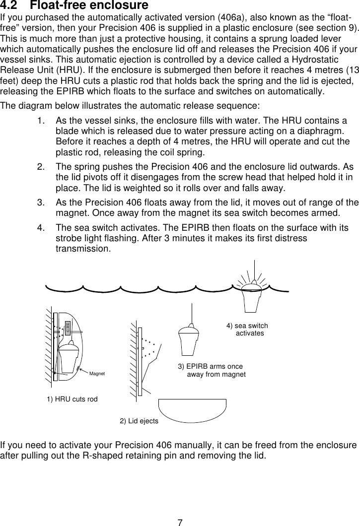 74.2 Float-free enclosureIf you purchased the automatically activated version (406a), also known as the “float-free” version, then your Precision 406 is supplied in a plastic enclosure (see section 9).This is much more than just a protective housing, it contains a sprung loaded leverwhich automatically pushes the enclosure lid off and releases the Precision 406 if yourvessel sinks. This automatic ejection is controlled by a device called a HydrostaticRelease Unit (HRU). If the enclosure is submerged then before it reaches 4 metres (13feet) deep the HRU cuts a plastic rod that holds back the spring and the lid is ejected,releasing the EPIRB which floats to the surface and switches on automatically.The diagram below illustrates the automatic release sequence:1.  As the vessel sinks, the enclosure fills with water. The HRU contains ablade which is released due to water pressure acting on a diaphragm.Before it reaches a depth of 4 metres, the HRU will operate and cut theplastic rod, releasing the coil spring.2.  The spring pushes the Precision 406 and the enclosure lid outwards. Asthe lid pivots off it disengages from the screw head that helped hold it inplace. The lid is weighted so it rolls over and falls away.3.  As the Precision 406 floats away from the lid, it moves out of range of themagnet. Once away from the magnet its sea switch becomes armed.4.  The sea switch activates. The EPIRB then floats on the surface with itsstrobe light flashing. After 3 minutes it makes its first distresstransmission.If you need to activate your Precision 406 manually, it can be freed from the enclosureafter pulling out the R-shaped retaining pin and removing the lid.HRU1) HRU cuts rod2) Lid ejects4) sea switch activates3) EPIRB arms onceaway from magnetMagnet