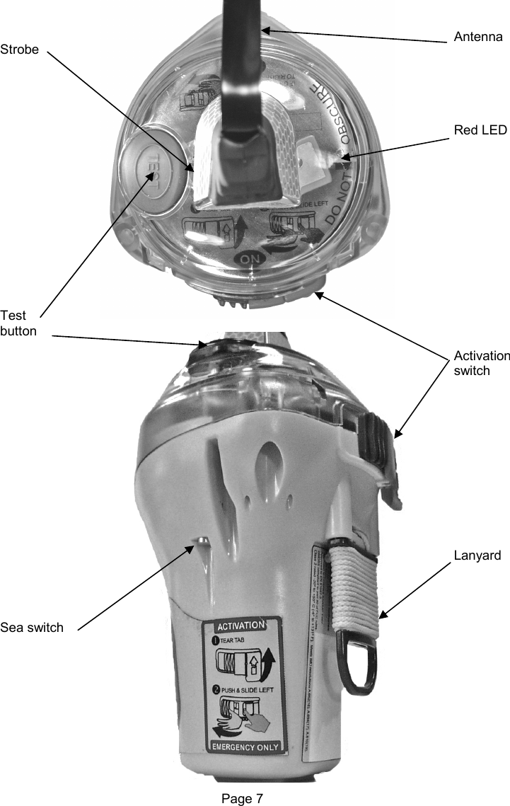                                                              Page 7   Test button Strobe Red LED  Activation switch Lanyard Sea switch Antenna 