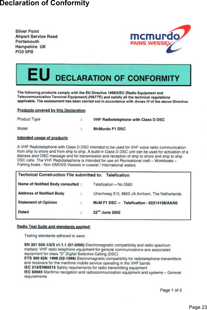 Page 23Declaration of Conformity