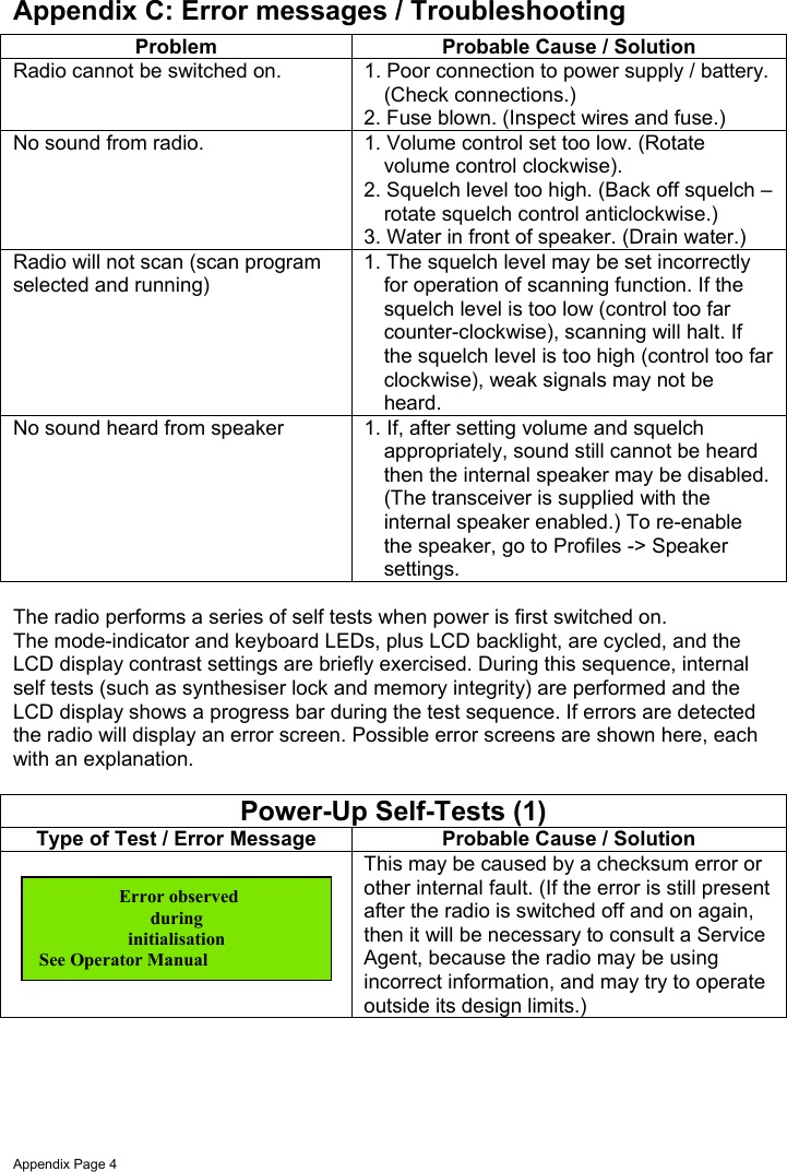 Appendix Page 4Appendix C: Error messages / TroubleshootingProblem Probable Cause / SolutionRadio cannot be switched on. 1. Poor connection to power supply / battery.(Check connections.)2. Fuse blown. (Inspect wires and fuse.)No sound from radio. 1. Volume control set too low. (Rotatevolume control clockwise).2. Squelch level too high. (Back off squelch –rotate squelch control anticlockwise.)3. Water in front of speaker. (Drain water.)Radio will not scan (scan programselected and running)1. The squelch level may be set incorrectlyfor operation of scanning function. If thesquelch level is too low (control too farcounter-clockwise), scanning will halt. Ifthe squelch level is too high (control too farclockwise), weak signals may not beheard.No sound heard from speaker 1. If, after setting volume and squelchappropriately, sound still cannot be heardthen the internal speaker may be disabled.(The transceiver is supplied with theinternal speaker enabled.) To re-enablethe speaker, go to Profiles -&gt; Speakersettings.The radio performs a series of self tests when power is first switched on.The mode-indicator and keyboard LEDs, plus LCD backlight, are cycled, and theLCD display contrast settings are briefly exercised. During this sequence, internalself tests (such as synthesiser lock and memory integrity) are performed and theLCD display shows a progress bar during the test sequence. If errors are detectedthe radio will display an error screen. Possible error screens are shown here, eachwith an explanation.Power-Up Self-Tests (1)Type of Test / Error Message Probable Cause / SolutionThis may be caused by a checksum error orother internal fault. (If the error is still presentafter the radio is switched off and on again,then it will be necessary to consult a ServiceAgent, because the radio may be usingincorrect information, and may try to operateoutside its design limits.) Error observedduringinitialisationSee Operator Manual