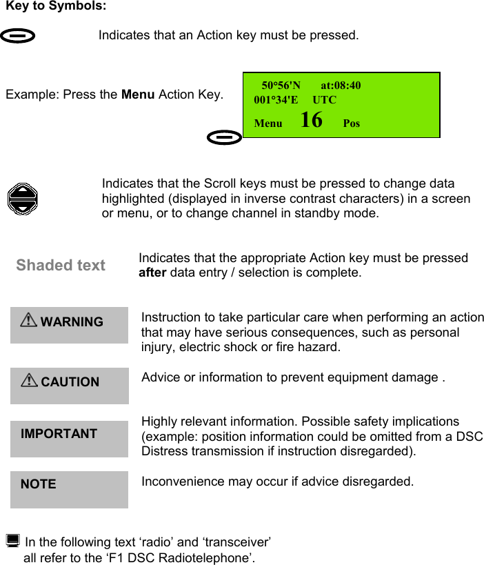 Key to Symbols:Indicates that an Action key must be pressed.Example: Press the Menu Action Key.Indicates that the Scroll keys must be pressed to change data            highlighted (displayed in inverse contrast characters) in a screen            or menu, or to change channel in standby mode.Indicates that the appropriate Action key must be pressedafter data entry / selection is complete.Instruction to take particular care when performing an actionthat may have serious consequences, such as personalinjury, electric shock or fire hazard.Advice or information to prevent equipment damage .Highly relevant information. Possible safety implications(example: position information could be omitted from a DSCDistress transmission if instruction disregarded).Inconvenience may occur if advice disregarded. In the following text ‘radio’ and ‘transceiver’     all refer to the ‘F1 DSC Radiotelephone’. 50°56&apos;N       at:08:40001°34&apos;E     UTCMenu      16       Pos CAUTION WARNINGIMPORTANTShaded textNOTE